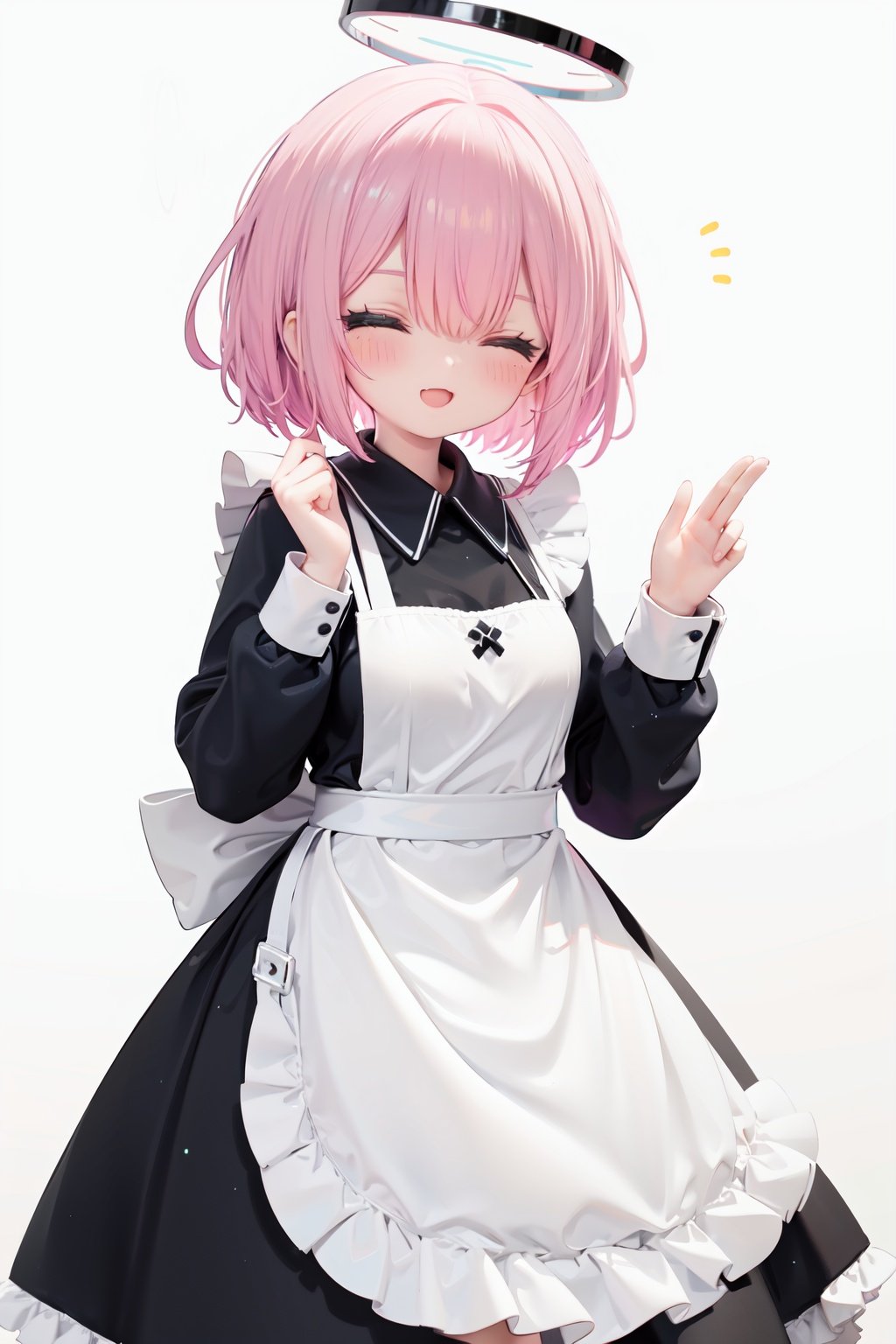  1girl, solo, apron, halo, hair over one eye, closed eyes, smile, white background, dress, white apron, simple background, long sleeves, multicolored hair, braid, open mouth, blue hair, alternate costume, blush, bangs, :d, pink hair, black dress, ribbon, frilled dress, enmaided, short hair, hand up, colored inner hair