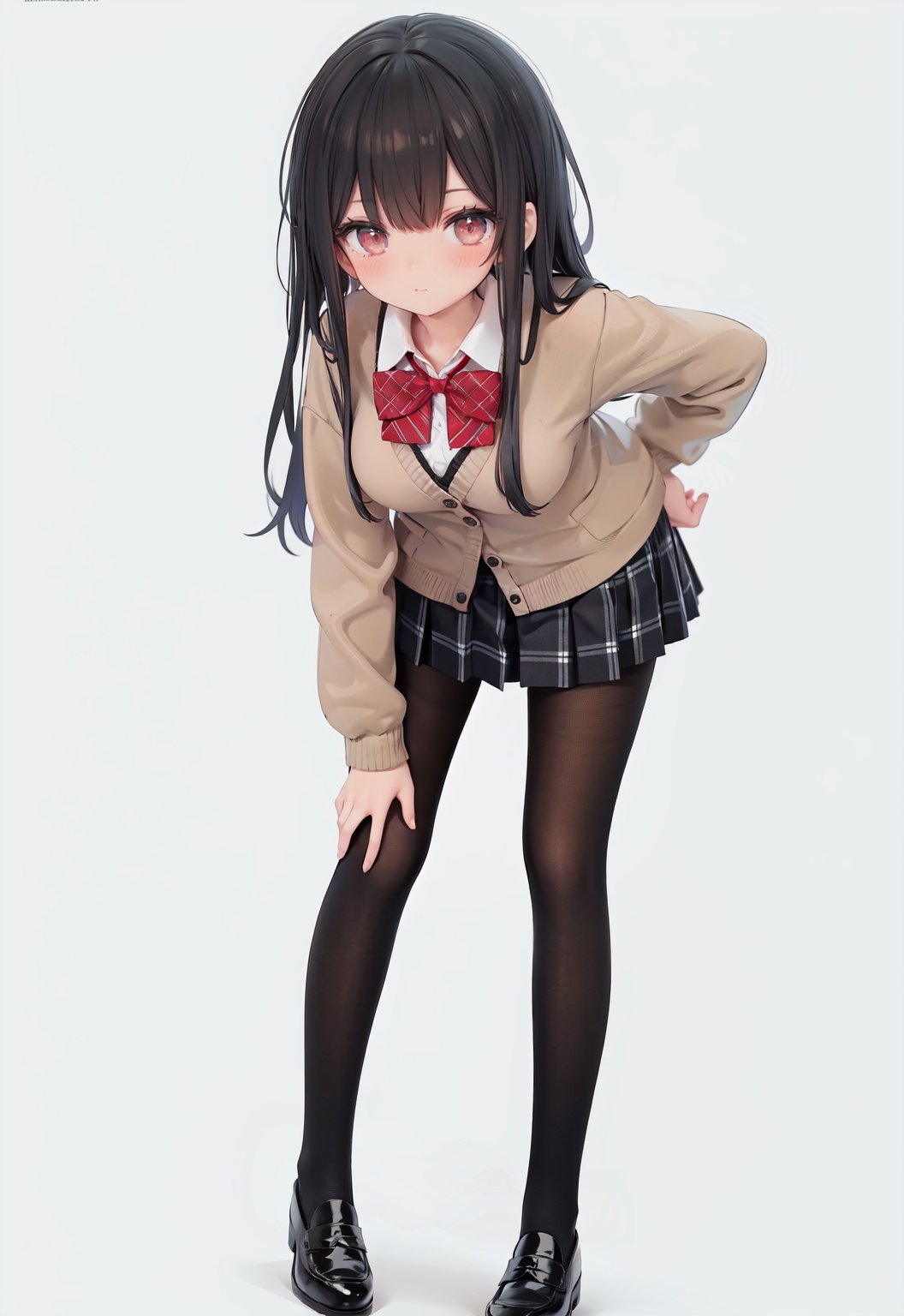  1girl, solo, pantyhose, skirt, long hair, loafers, shoes, simple background, school uniform, brown eyes, plaid, black pantyhose, plaid skirt, looking at viewer, black hair, pantyhose pull, full body, clothes pull, black footwear, pleated skirt, leaning forward, bangs, long sleeves, bent over, cardigan, bow, bowtie, standing, closed mouth, pulled by self, grey background, blush, miniskirt, red bow, sweater, undressing