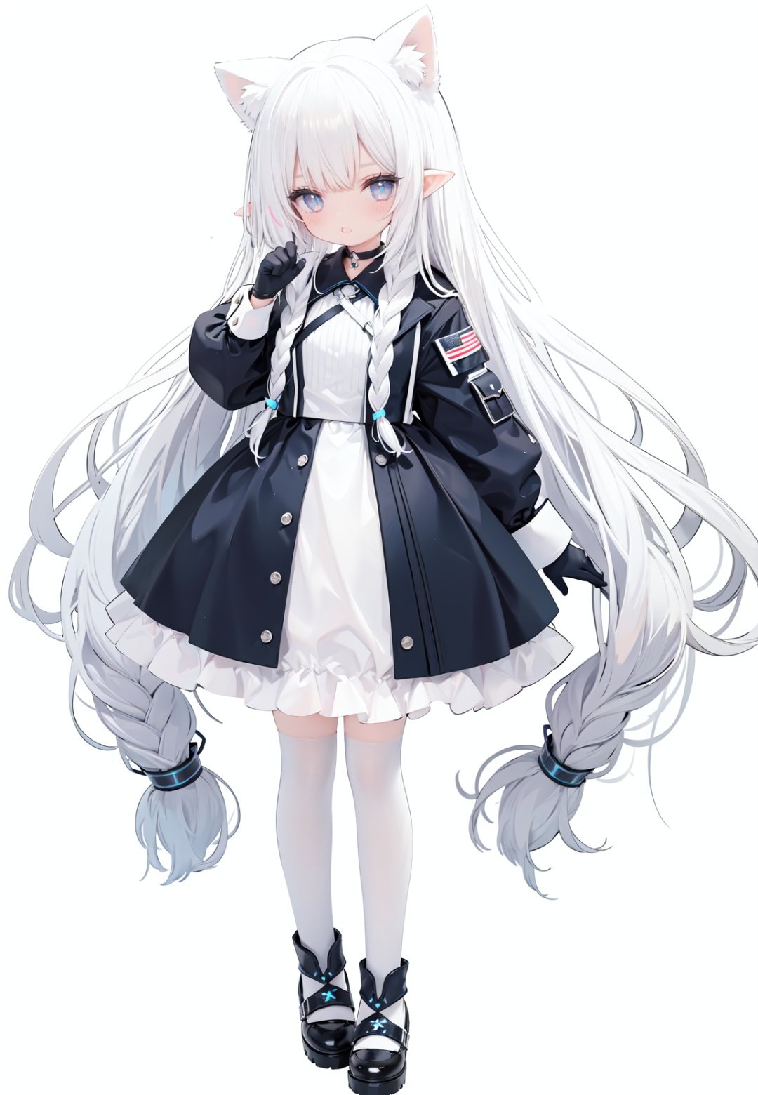  1girl, white_gloves, braid, full_body, gloves, long_hair, official_alternate_costume, pointy_ears, simple_background, solo, standing, very_long_hair, white_background, white hair, blue eyes, paw claw pose, open_mouth