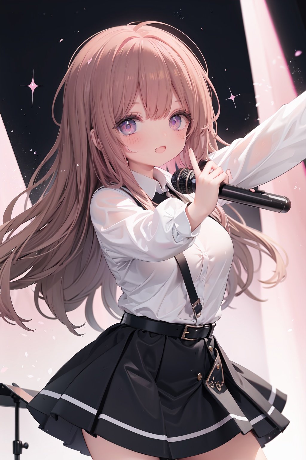  1girl, solo, microphone, smile, skirt, blush, brown eyes, long hair, open mouth, looking at viewer, brown hair, long sleeves, :d, shirt, bangs, belt, breasts, pink shirt, outstretched arm, music, black belt, medium breasts, holding microphone, singing