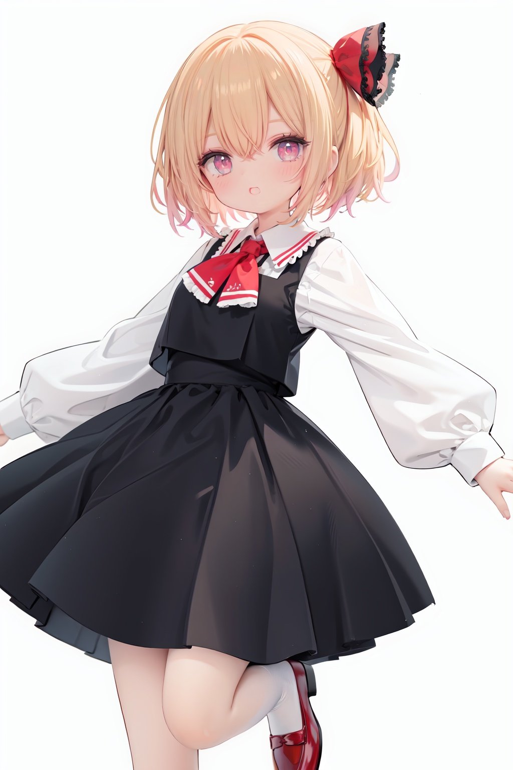  1girl, rumia, blonde hair, solo, white background, red eyes, red footwear, simple background, ascot, short hair, ribbon, open mouth, hair ribbon, smile, long sleeves, shirt, looking at viewer, red ascot, white socks, white shirt, red ribbon, shoes, socks, frills, bangs, outstretched arms, hair between eyes, skirt, :d, dress, vest, mary janes, black dress, black skirt, collared shirt, black vest, blush