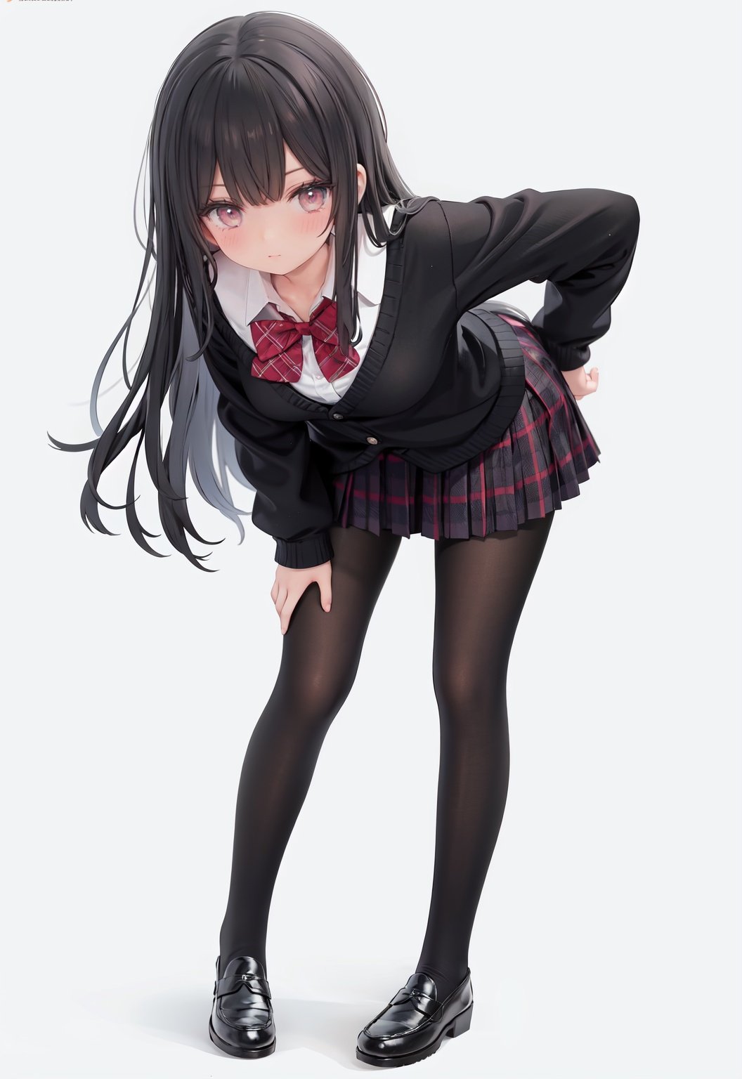  1girl, solo, pantyhose, skirt, long hair, loafers, shoes, simple background, school uniform, brown eyes, plaid, black pantyhose, plaid skirt, looking at viewer, black hair, pantyhose pull, full body, clothes pull, black footwear, pleated skirt, leaning forward, bangs, long sleeves, bent over, cardigan, bow, bowtie, standing, closed mouth, pulled by self, grey background, blush, miniskirt, red bow, sweater, undressing