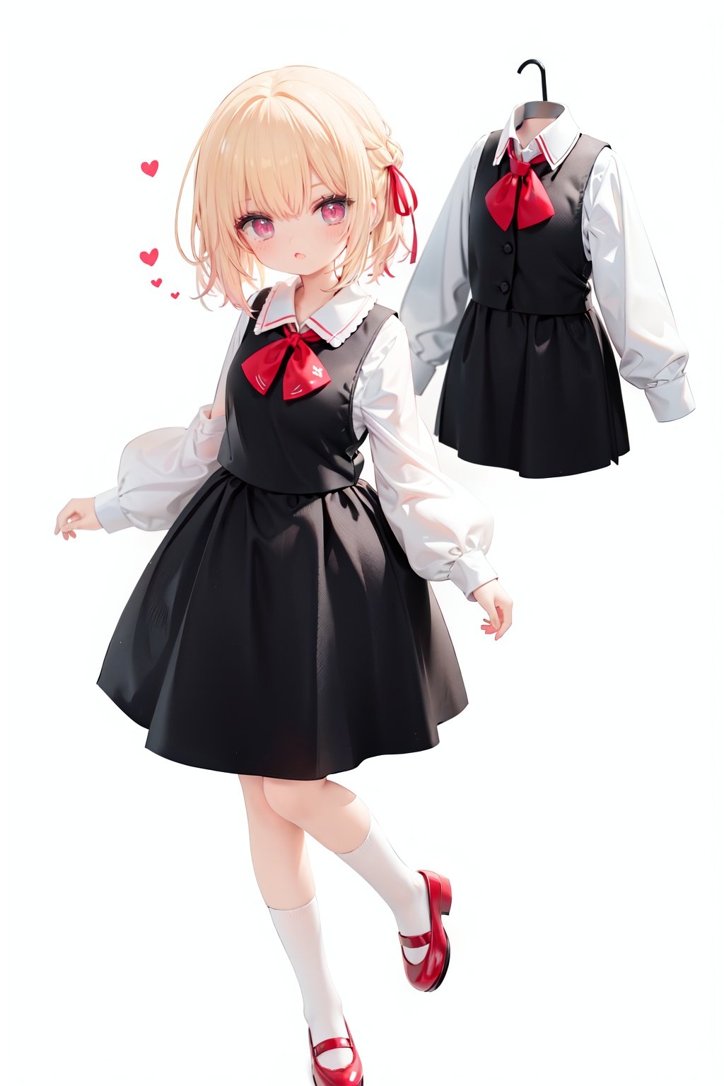  1girl, rumia, blonde hair, solo, white background, red eyes, red footwear, simple background, ascot, short hair, ribbon, open mouth, hair ribbon, smile, long sleeves, shirt, looking at viewer, red ascot, white socks, white shirt, red ribbon, shoes, socks, frills, bangs, outstretched arms, hair between eyes, skirt, :d, dress, vest, mary janes, black dress, black skirt, collared shirt, black vest, blush