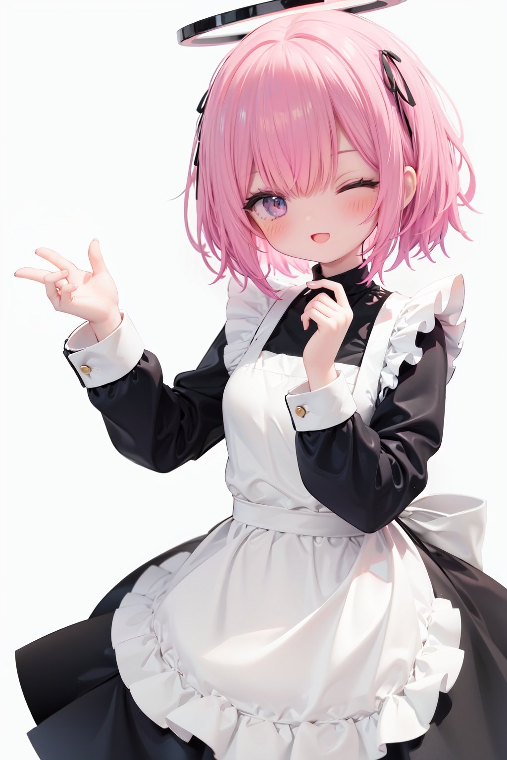  1girl, solo, apron, halo, hair over one eye, closed eyes, smile, white background, dress, white apron, simple background, long sleeves, multicolored hair, braid, open mouth, blue hair, alternate costume, blush, bangs, :d, pink hair, black dress, ribbon, frilled dress, enmaided, short hair, hand up, colored inner hair