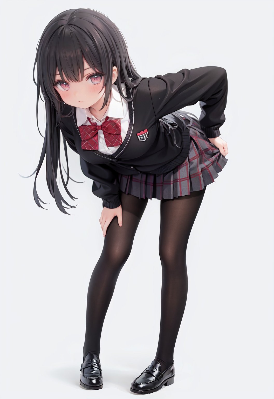  1girl, solo, pantyhose, skirt, long hair, loafers, shoes, simple background, school uniform, brown eyes, plaid, black pantyhose, plaid skirt, looking at viewer, black hair, pantyhose pull, full body, clothes pull, black footwear, pleated skirt, leaning forward, bangs, long sleeves, bent over, cardigan, bow, bowtie, standing, closed mouth, pulled by self, grey background, blush, miniskirt, red bow, sweater, undressing