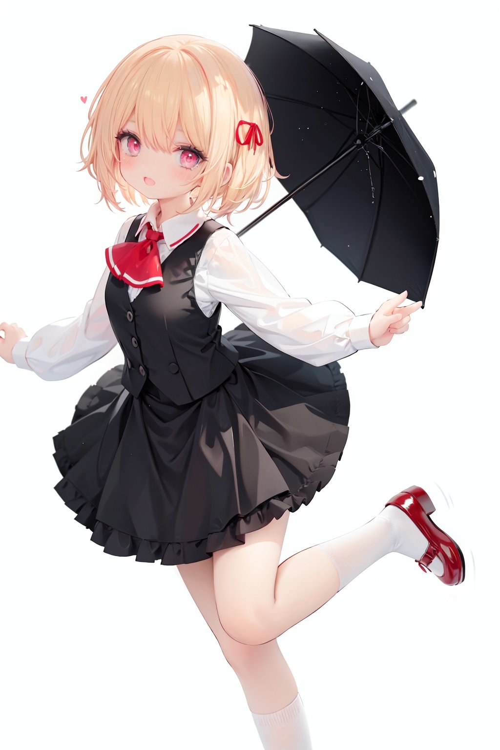  1girl, rumia, blonde hair, solo, white background, red eyes, red footwear, simple background, ascot, short hair, ribbon, open mouth, hair ribbon, smile, long sleeves, shirt, looking at viewer, red ascot, white socks, white shirt, red ribbon, shoes, socks, frills, bangs, outstretched arms, hair between eyes, skirt, :d, dress, vest, mary janes, black dress, black skirt, collared shirt, black vest, blush