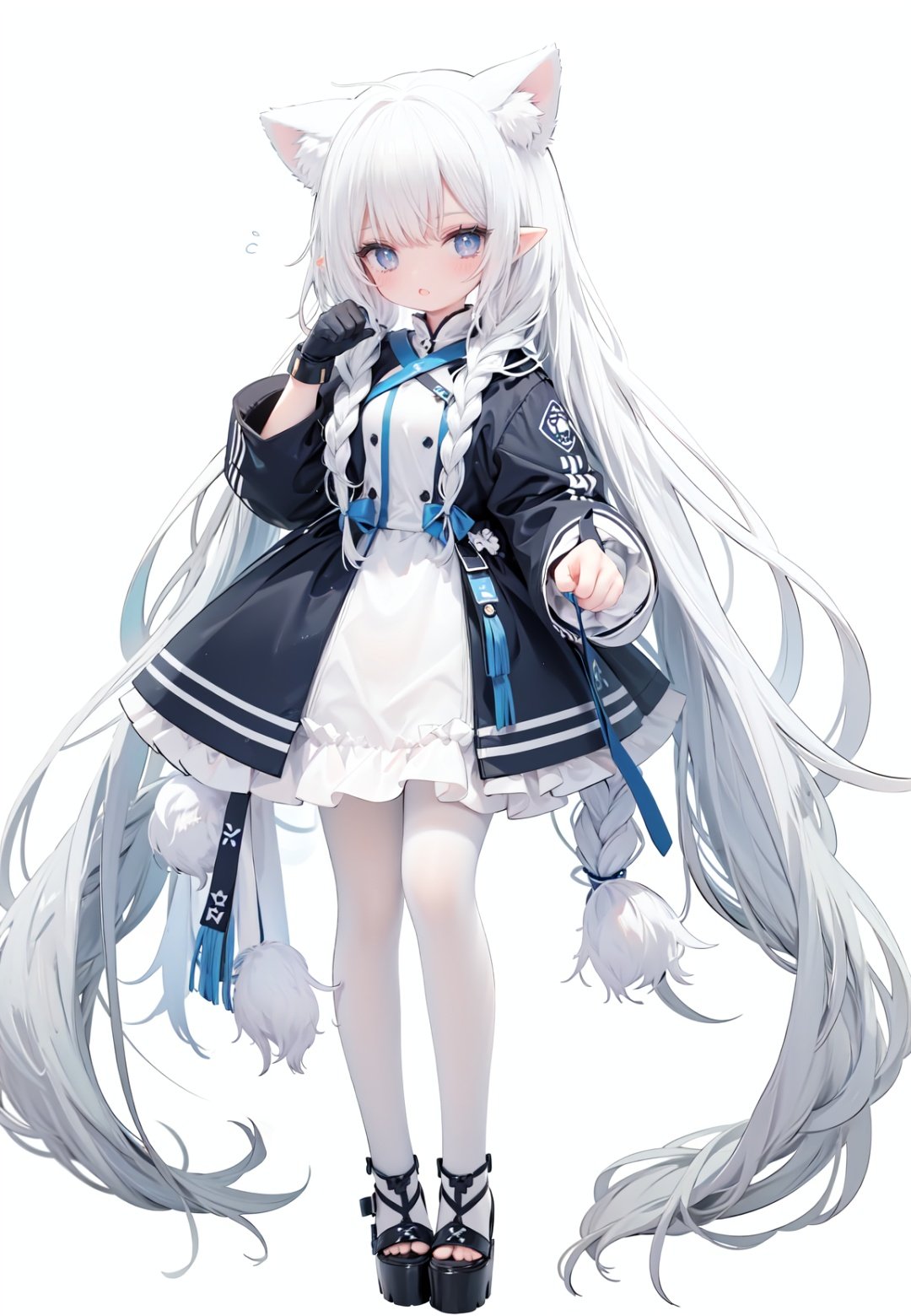  1girl, white_gloves, braid, full_body, gloves, long_hair, official_alternate_costume, pointy_ears, simple_background, solo, standing, very_long_hair, white_background, white hair, blue eyes, paw claw pose, open_mouth