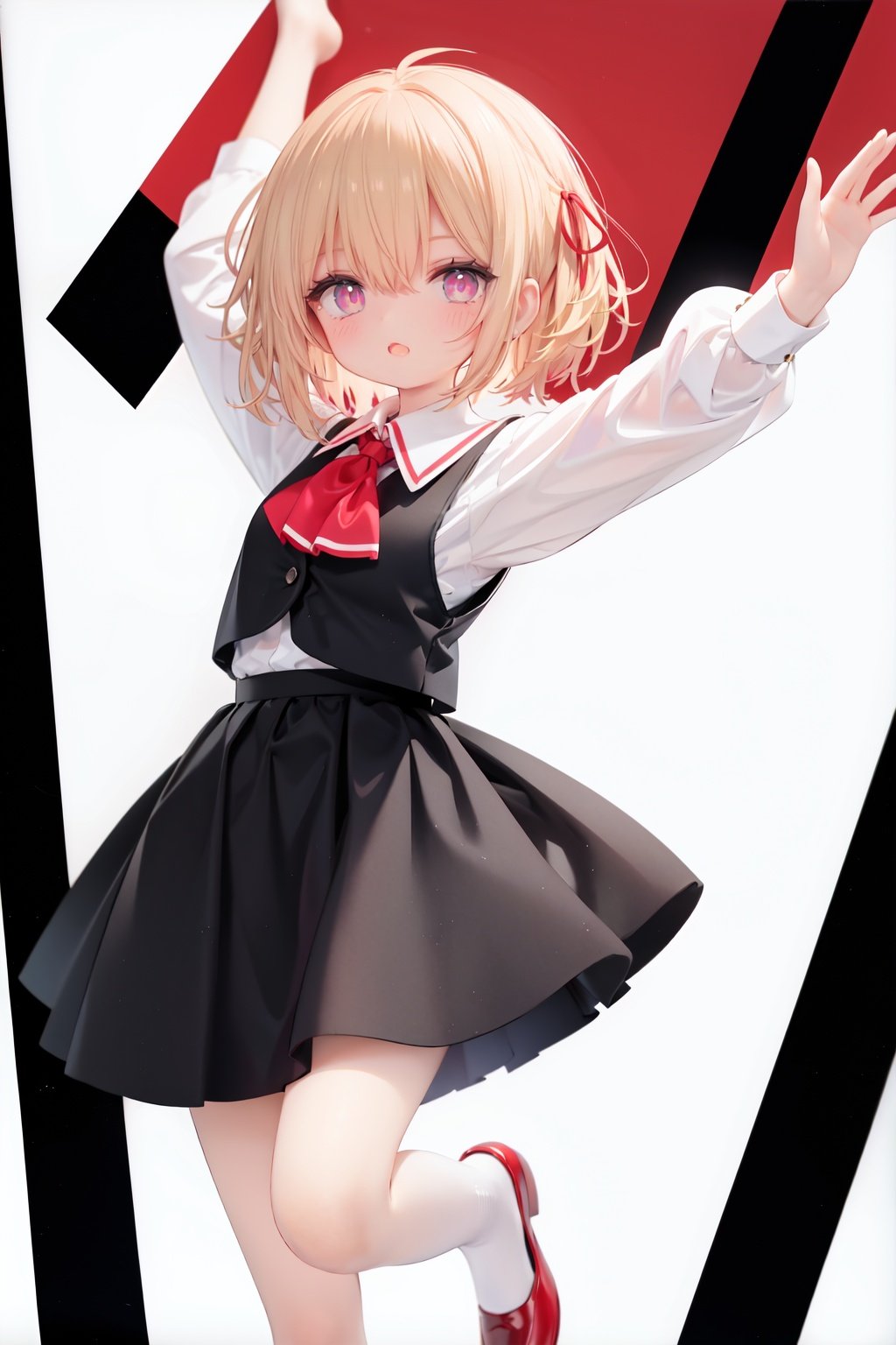  1girl, rumia, blonde hair, solo, white background, red eyes, red footwear, simple background, ascot, short hair, ribbon, open mouth, hair ribbon, smile, long sleeves, shirt, looking at viewer, red ascot, white socks, white shirt, red ribbon, shoes, socks, frills, bangs, outstretched arms, hair between eyes, skirt, :d, dress, vest, mary janes, black dress, black skirt, collared shirt, black vest, blush