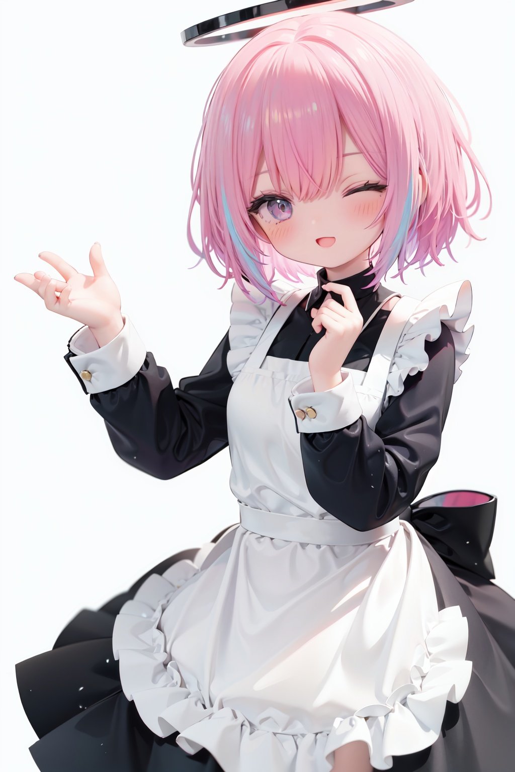  1girl, solo, apron, halo, hair over one eye, closed eyes, smile, white background, dress, white apron, simple background, long sleeves, multicolored hair, braid, open mouth, blue hair, alternate costume, blush, bangs, :d, pink hair, black dress, ribbon, frilled dress, enmaided, short hair, hand up, colored inner hair