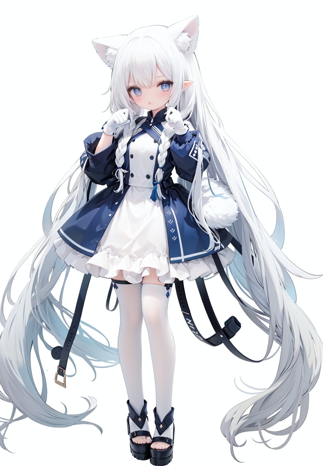  1girl, white_gloves, braid, full_body, gloves, long_hair, official_alternate_costume, pointy_ears, simple_background, solo, standing, very_long_hair, white_background, white hair, blue eyes, paw claw pose, open_mouth