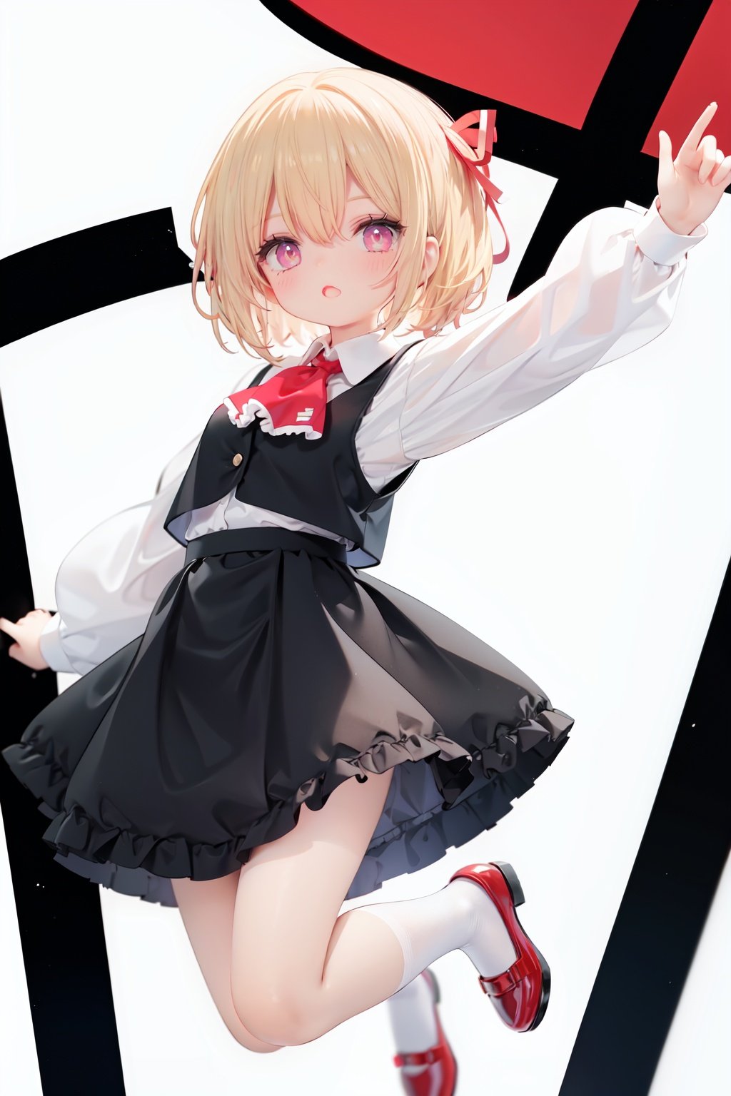  1girl, rumia, blonde hair, solo, white background, red eyes, red footwear, simple background, ascot, short hair, ribbon, open mouth, hair ribbon, smile, long sleeves, shirt, looking at viewer, red ascot, white socks, white shirt, red ribbon, shoes, socks, frills, bangs, outstretched arms, hair between eyes, skirt, :d, dress, vest, mary janes, black dress, black skirt, collared shirt, black vest, blush