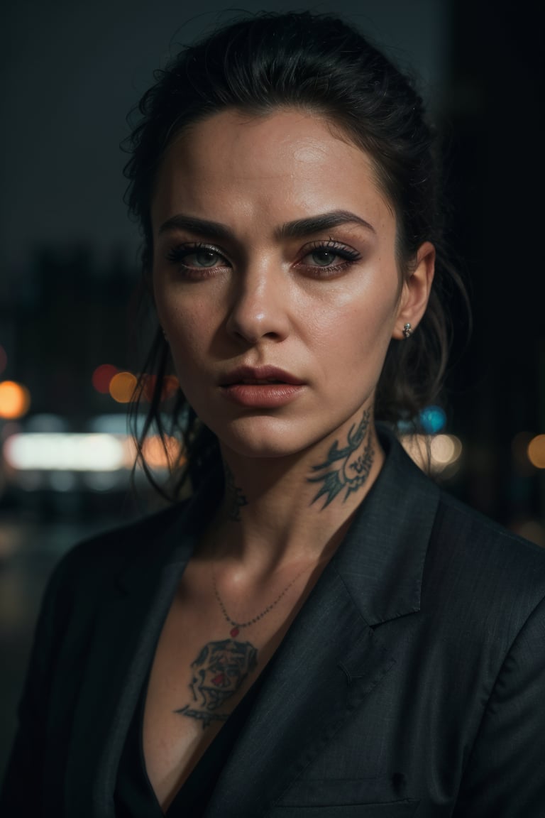 (best quality,highres,masterpiece:1.2),ultra-detailed,realistic:1.37,cinematic,portrait,tattoo on her neck,detailed eyes and lips,man with neck tattoo,wearing a dark suit,strong expression,serious,city backdrop,striking lighting,gritty atmosphere,dramatic shadows,vivid colors,bokeh