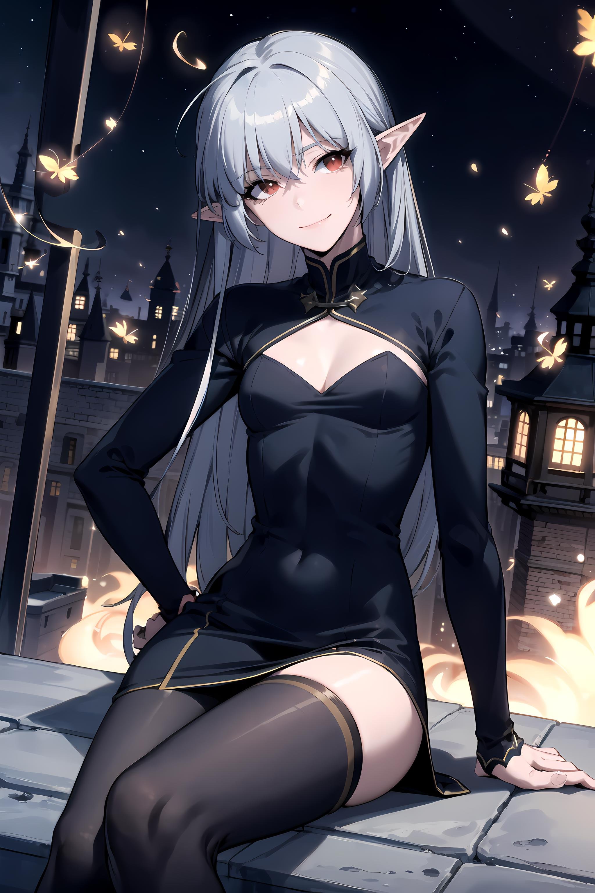 best quality, (masterpiece:1.2), detailed,<lora:chara_SoloMaxLevelNewbie_Alice_v2:0.8>, alice,mature, closed mouth, light smile,grey hair, long hair, red eyes, pointy ears, small breasts,black dress, cleavage cutout, long sleeves, thighhighs, thigh strip,sitting, head tilt, looking at the viewer,castle, night, fireflies, starry sky, <lora:night-r:0.3>,