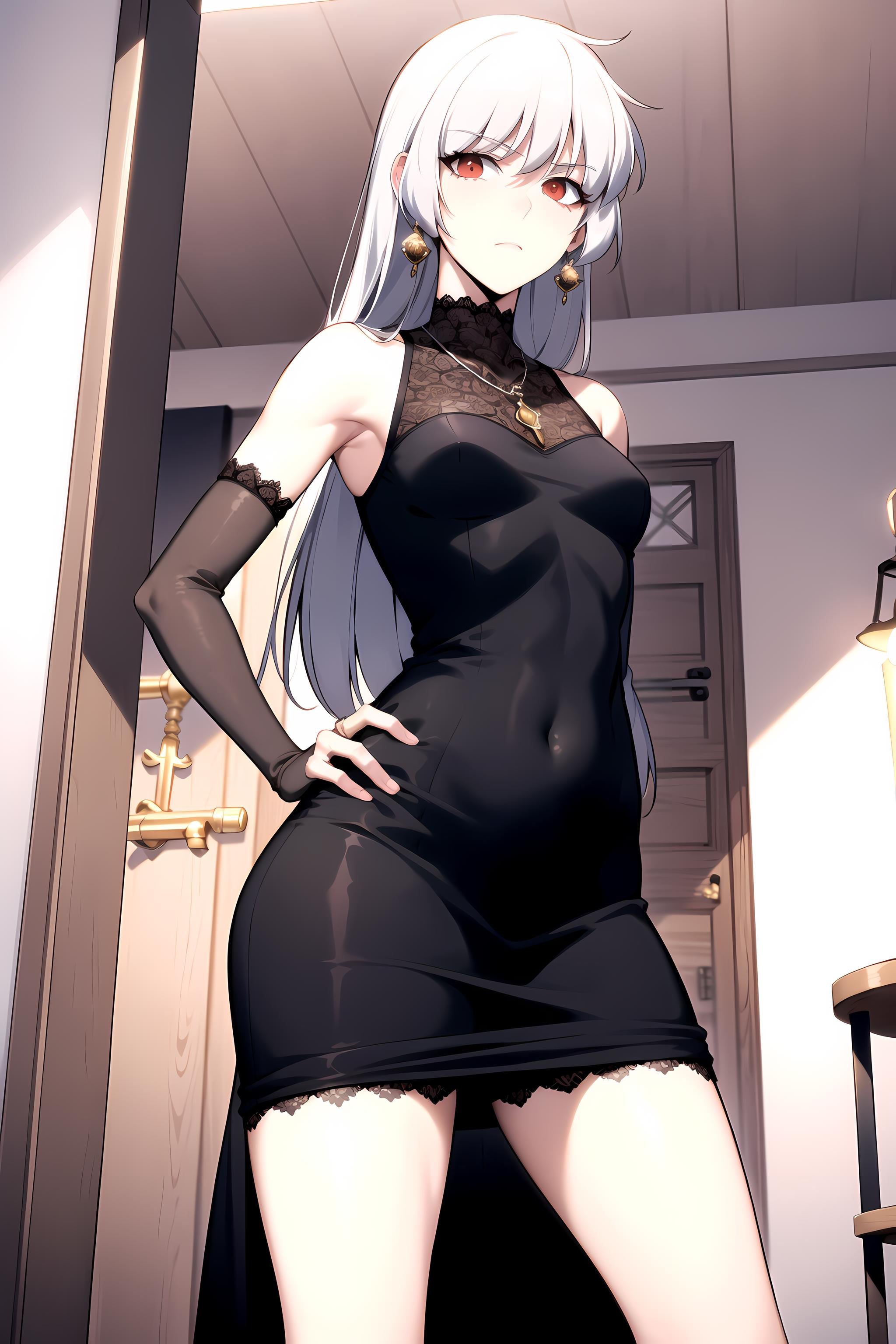 best quality, (masterpiece:1.2), detailed,<lora:chara_SoloMaxLevelNewbie_Alice_v2:0.8>, alice,closed mouth,grey hair, long hair, red eyes,highclass dress, sleeveless dress, lace, elbow gloves, earrings, necklace,standing, hand on own hip, looking at the viewer,indoors