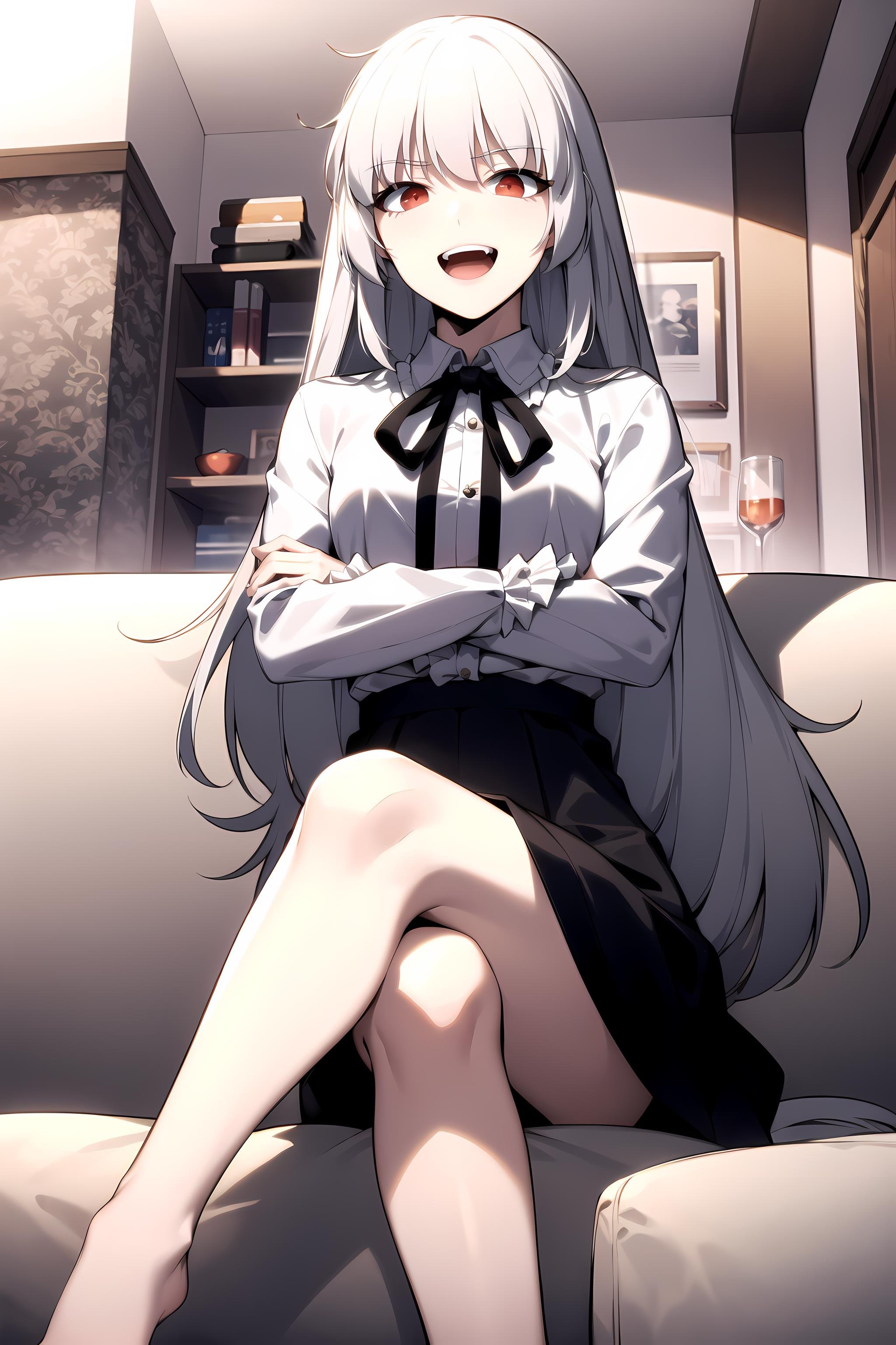 best quality, (masterpiece:1.2), detailed,<lora:chara_SoloMaxLevelNewbie_Alice_v2:0.8>, alice,open mouth, light smile,grey hair, long hair, red eyes,white shirt, frills, neck ribbon, black skirt,crossed arms, sitting, couch, looking at the viewer,indoors