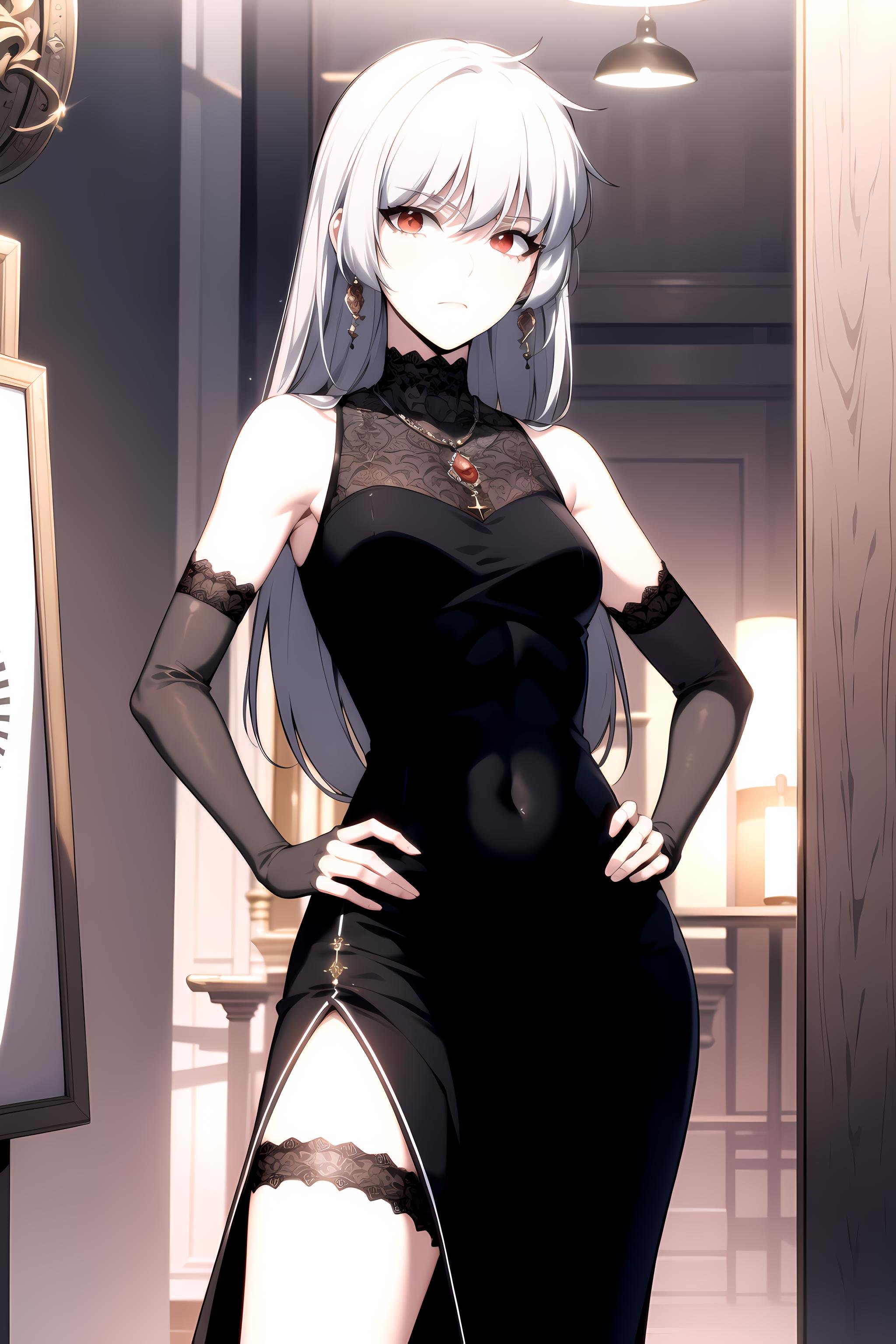 best quality, (masterpiece:1.2), detailed,<lora:chara_SoloMaxLevelNewbie_Alice_v2:0.8>, alice,closed mouth,grey hair, long hair, red eyes,highclass dress, sleeveless dress, lace, elbow gloves, earrings, necklace,standing, hand on own hip, looking at the viewer,indoors