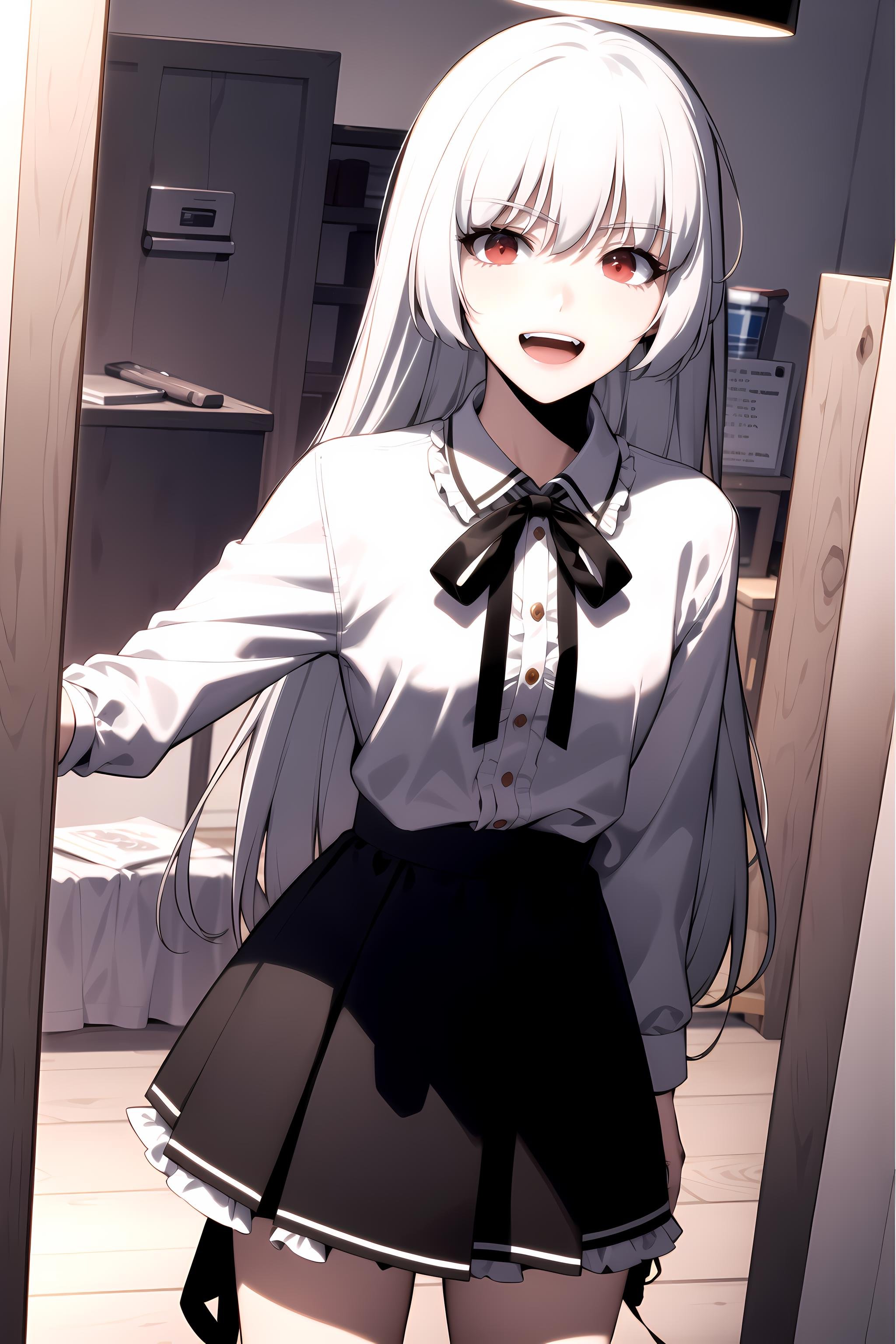 best quality, (masterpiece:1.2), detailed,<lora:chara_SoloMaxLevelNewbie_Alice_v2:0.8>, alice,open mouth, light smile,grey hair, long hair, red eyes,white shirt, frills, neck ribbon, black skirt,standing, looking at the viewer,indoors