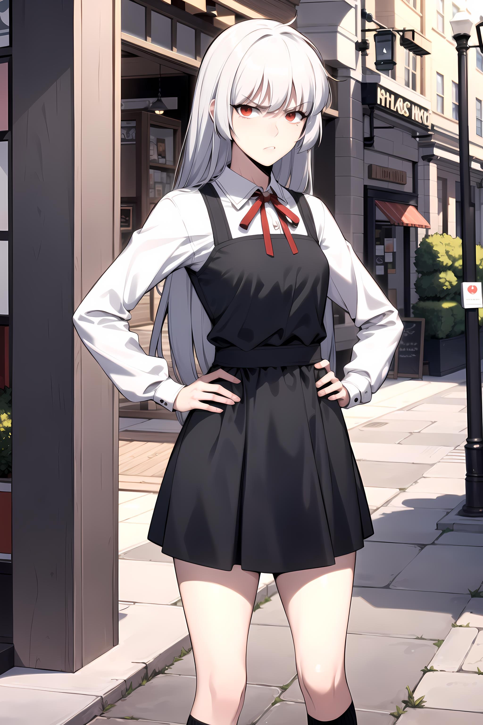 best quality, (masterpiece:1.2), detailed,<lora:chara_SoloMaxLevelNewbie_Alice_v2:0.8>, alice,annoyed,grey hair, long hair, red eyes,casual dress, pinafore dress, neck ribbon, long sleeves, kneehighs, standing, hand on own hip, looking at the viewer,outdoors, city, shops