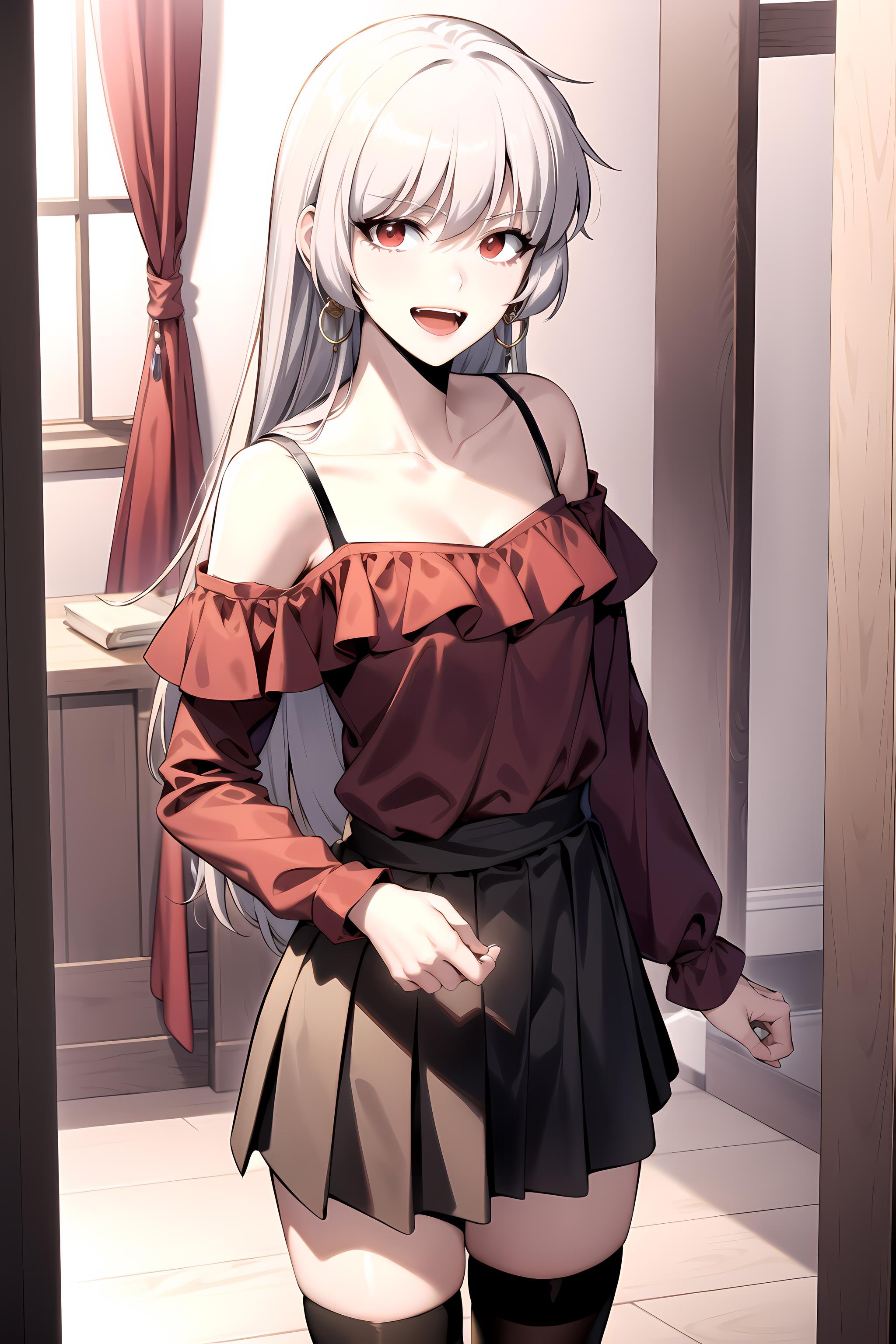 best quality, (masterpiece:1.2), detailed,<lora:chara_SoloMaxLevelNewbie_Alice_v2:0.8>, alice,open mouth, light smile,grey hair, long hair, red eyes,ballroom dress, red shirt, tank top, off shoulder, collarbone, earrings, pleated skirt, thighhighs,standing, looking at the viewer,indoors, night