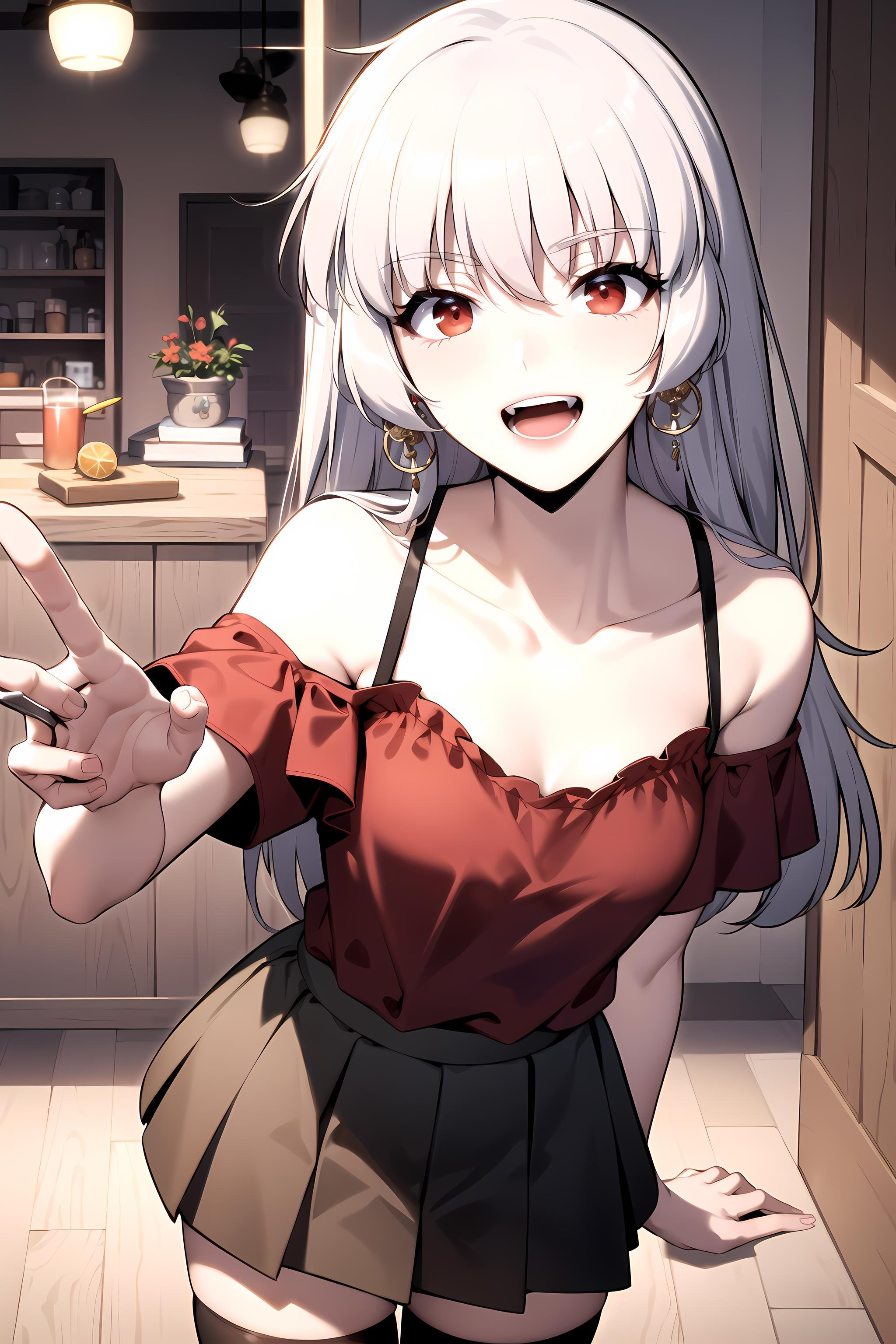 best quality, (masterpiece:1.2), detailed,<lora:chara_SoloMaxLevelNewbie_Alice_v2:0.8>, alice,open mouth, light smile,grey hair, long hair, red eyes,ballroom dress, red shirt, tank top, off shoulder, collarbone, earrings, pleated skirt, thighhighs,standing, looking at the viewer,indoors, night