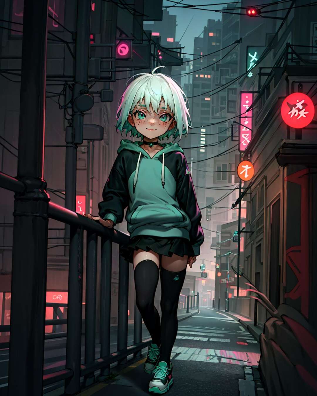 1girl, white hair, short hair, aqua eyes, glowing eyes, full-face blush, light smile, freckles, hoodie, skirt, thighhighs, sneakers, choker, city, street, night, neon lights, solo, leaning on rail, <lora:as109_128_dim128_dp0.95:0.75> AS-YoungerV2, <lyco:GoodHands-beta2:1.5>