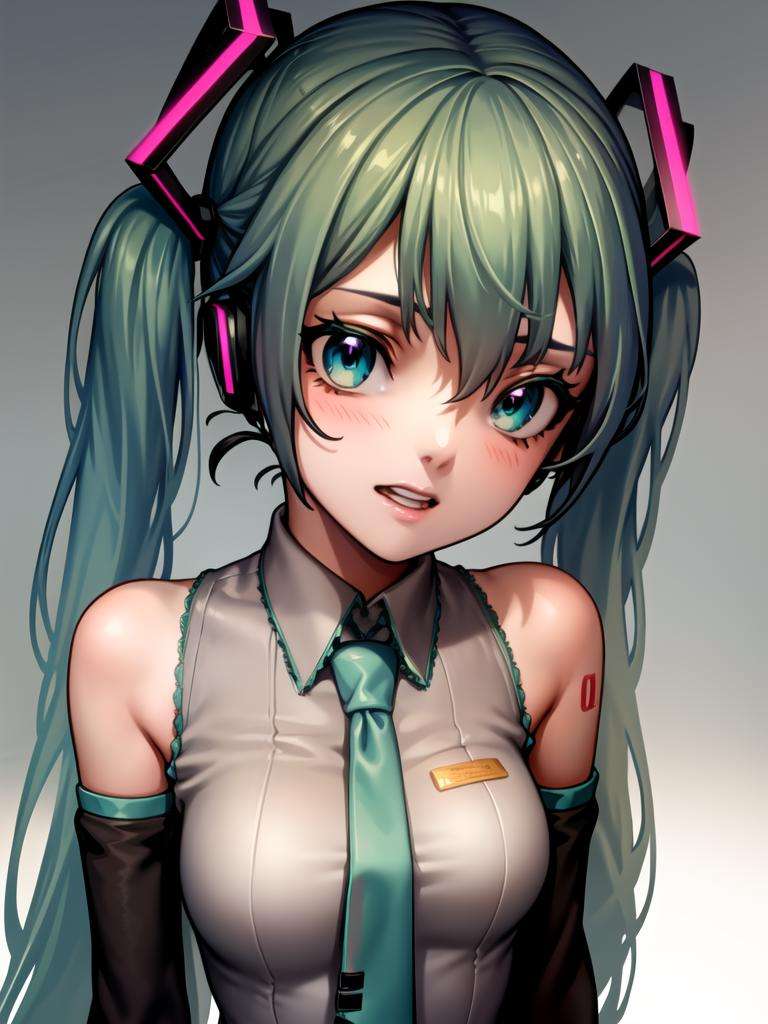 1girl, grey shirt, necktie, sleeveless, hatsune miku, aqua hair, aqua eyes, detached sleeves, upper body,  <lora:as109_128_dim128_dp0.95:1>