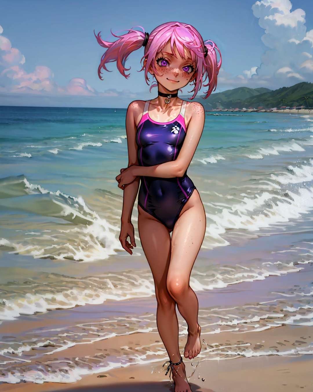 1girl, pink hair, short twintails, purple eyes, glowing eyes, full-face blush, light smile, freckles, one-piece swimsuit, barefoot, choker, beach, walking, holding shoes, solo, <lora:as109_128_dim128_dp0.95:0.75> small breasts,, <lyco:GoodHands-beta2:1.5>