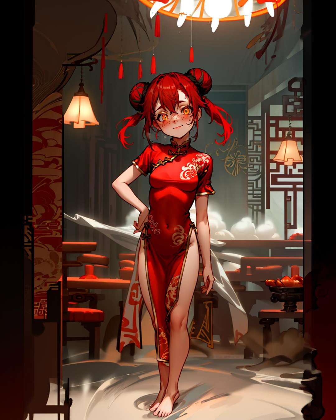 1girl, red hair, double bun, yellow eyes, glowing eyes, full-face blush, light smile, freckles, china dress, barefoot, restaurant, dumpling, solo, <lora:as109_128_dim128_dp0.95:0.75> small breasts, standing, steam, multicolored clothes,, <lyco:GoodHands-beta2:1.5>