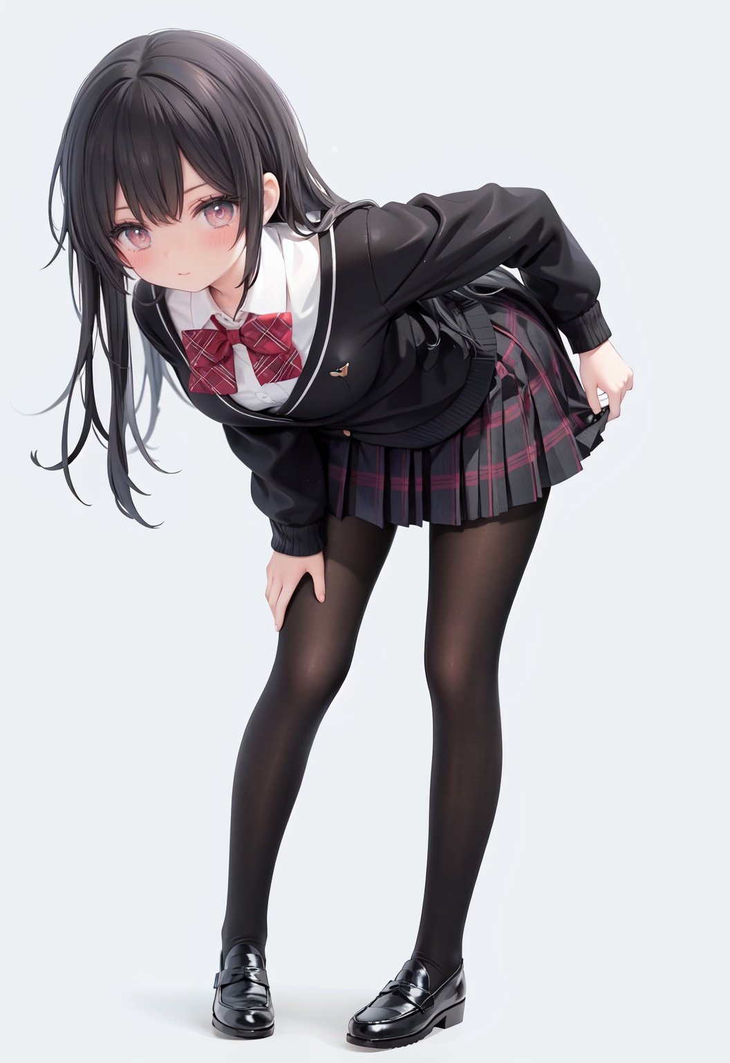  1girl, solo, pantyhose, skirt, long hair, loafers, shoes, simple background, school uniform, brown eyes, plaid, black pantyhose, plaid skirt, looking at viewer, black hair, pantyhose pull, full body, clothes pull, black footwear, pleated skirt, leaning forward, bangs, long sleeves, bent over, cardigan, bow, bowtie, standing, closed mouth, pulled by self, grey background, blush, miniskirt, red bow, sweater, undressing