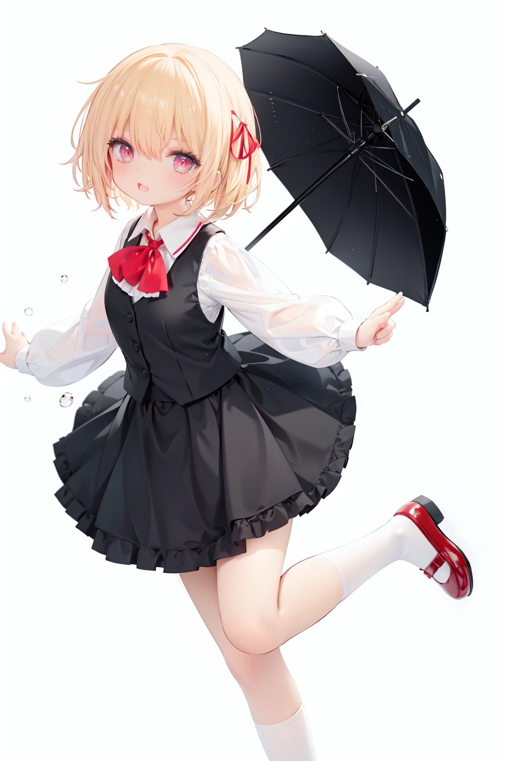  1girl, rumia, blonde hair, solo, white background, red eyes, red footwear, simple background, ascot, short hair, ribbon, open mouth, hair ribbon, smile, long sleeves, shirt, looking at viewer, red ascot, white socks, white shirt, red ribbon, shoes, socks, frills, bangs, outstretched arms, hair between eyes, skirt, :d, dress, vest, mary janes, black dress, black skirt, collared shirt, black vest, blush