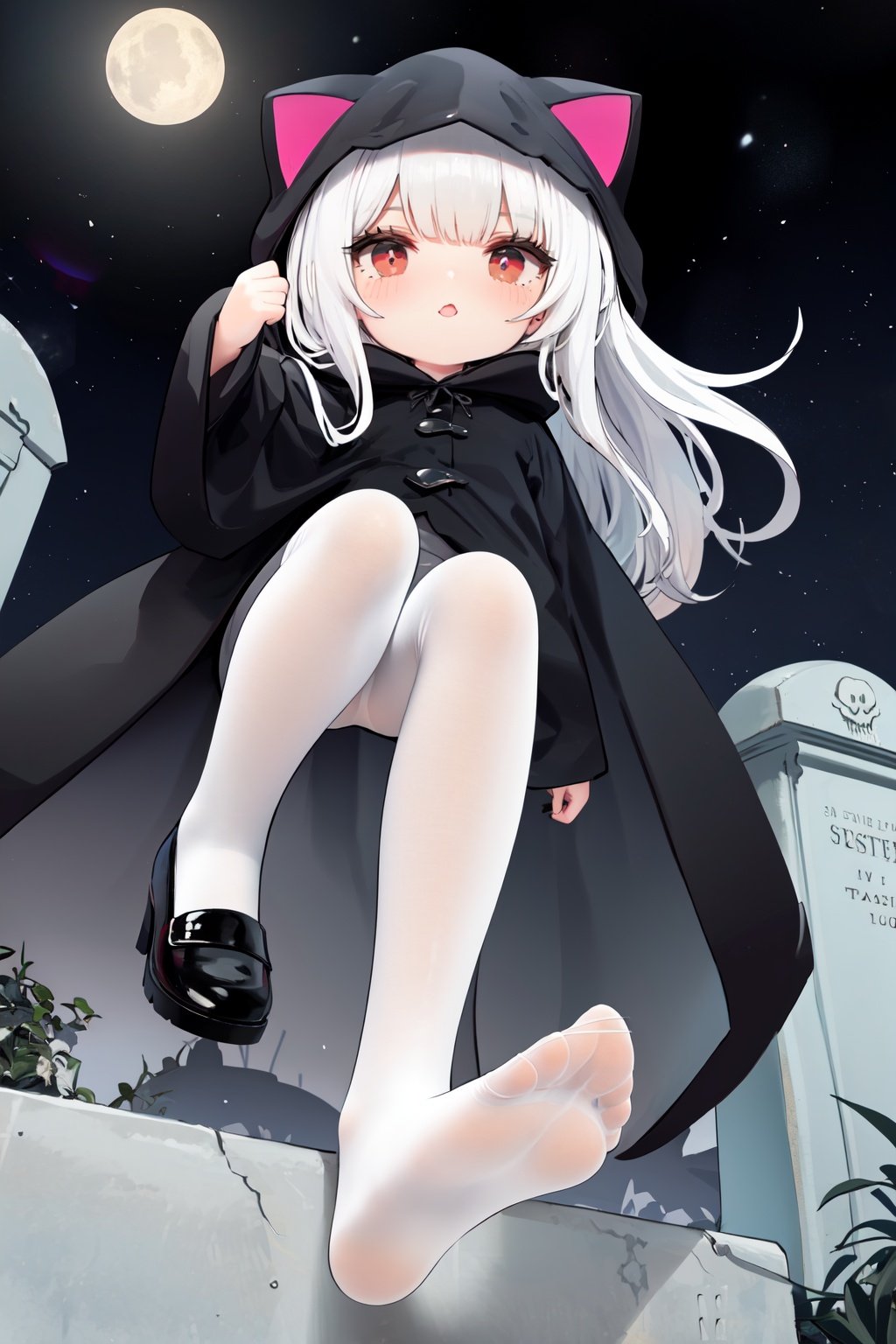  1girl, loli, petite child, white hair, long hair, red eyes, grim reaper, black robe, cat_hood, standing on one leg, another leg up, trample, white pantyhose, foot soles, underfoot, look down, shadow, graveyard, tombstone, death, night, sky, stars, (from below:1.2)