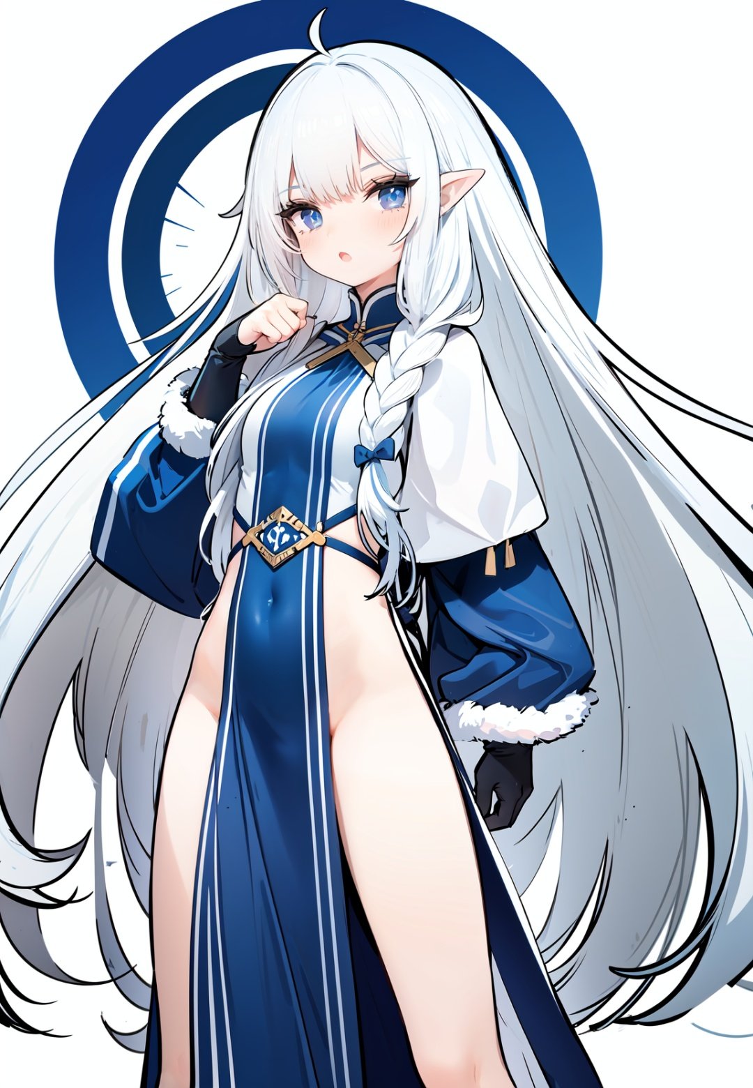  1girl, white_gloves, braid, full_body, gloves, long_hair, official_alternate_costume, pointy_ears, simple_background, solo, standing, very_long_hair, white_background, white hair, blue eyes, paw claw pose, open_mouth