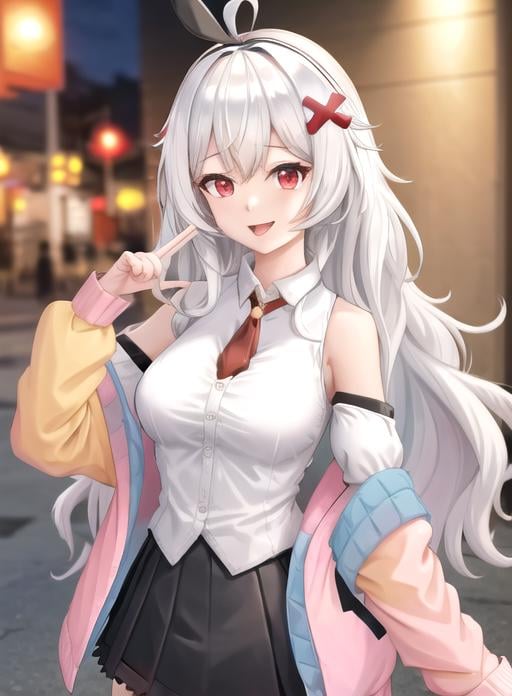 best quality, (masterpiece),(ultra-detailed), (high quality), (high resolution),  <lora:Erispheria:0.7>,1girl, ahoge, animal ears, bangs, black skirt, breasts, erispheria, hair ornament, hairband, holding box, jacket, long hair, looking at viewer, night, off shoulder, open mouth, red eyes, shirt, simple background, skirt, sleeveless shirt, smile, solo, tongue, virtual youtuber