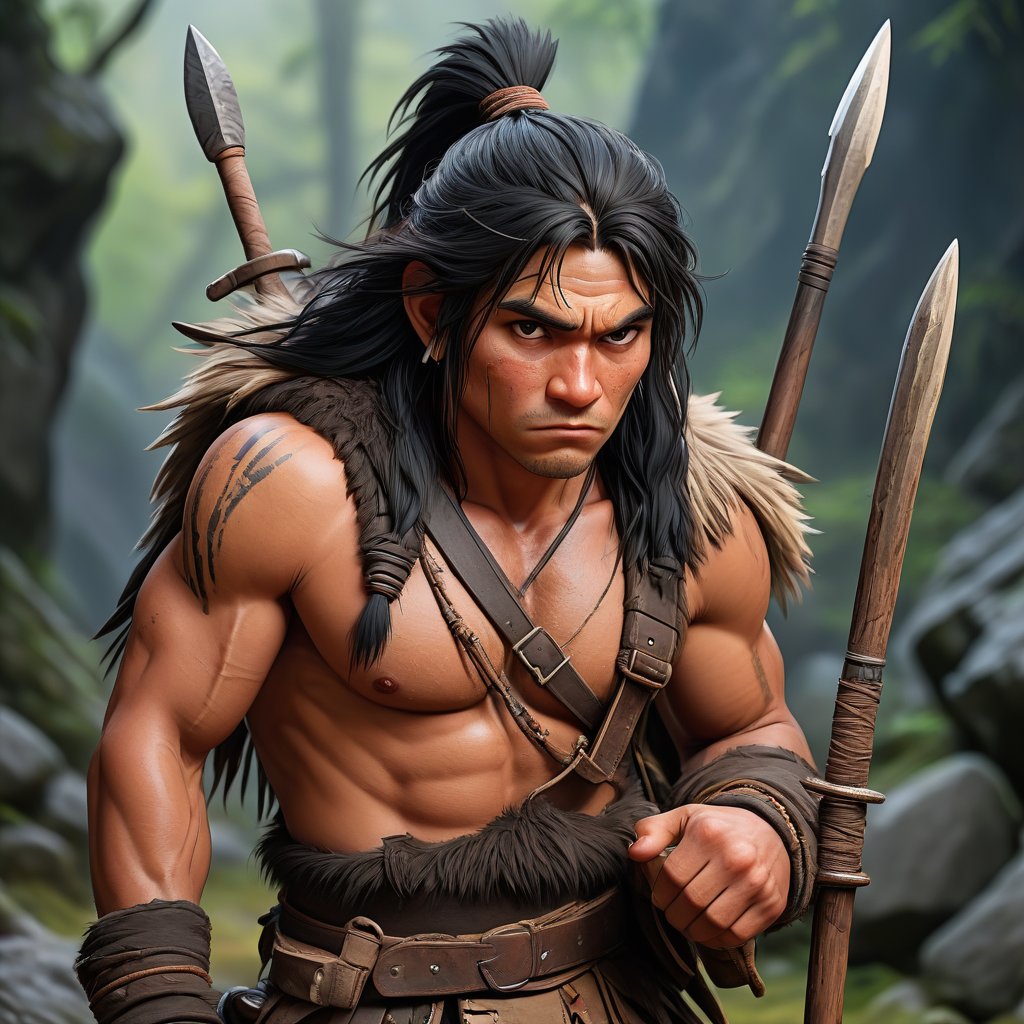 Primitive muscular tribal hunter with rugged and scarred face, long black hair, wearing simple leather and fur clothes, living in a Stone Age world, carrying several javelins in a backpack