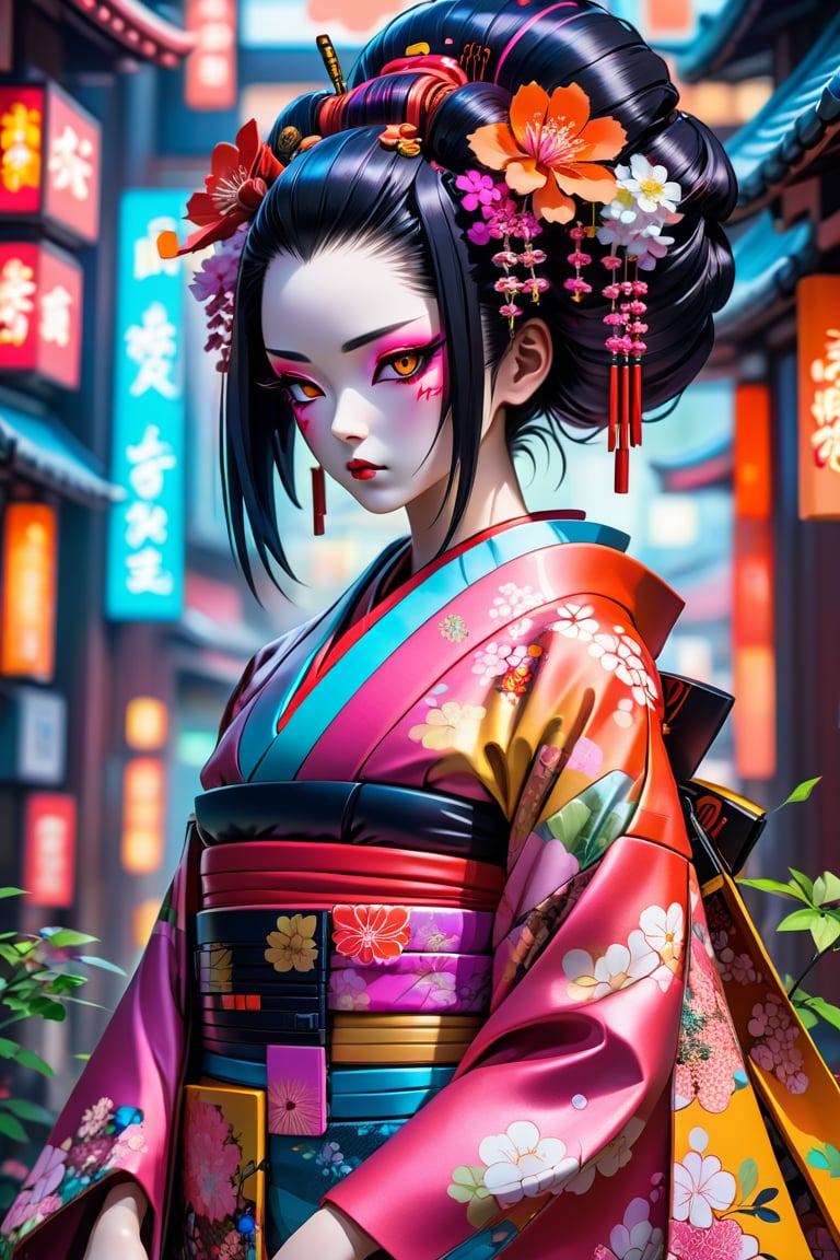 ((anime style)),Cyberpunk humanoid robot geisha, flower kimono, very colorful, depressed look, hypermaximalist, elegant, super detailed, 32k, insanely detailed and intricate, Photography, Photoshoot, Shot on 70mm lense