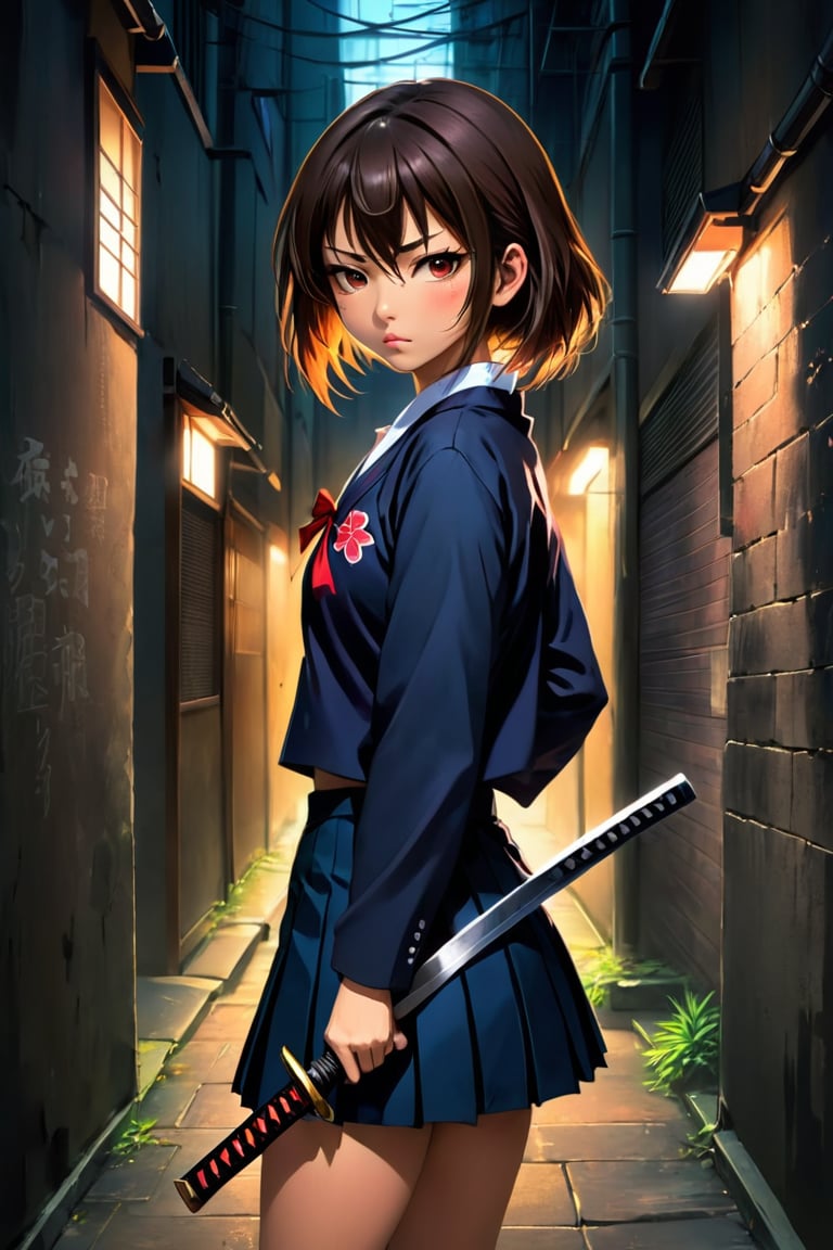 ((anime style)),Pretty Japanese female in school uniform with katana in a dark alley