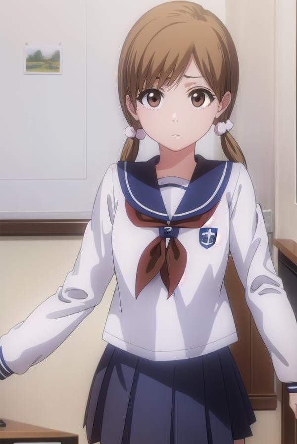 bleachyuzu, <lyco:bleachyuzu-lyco-nochekaiser:1>,yuzu, short hair, brown hair, (brown eyes:1.5),BREAK twintails, short twintails, school uniform, serafuku, neckerchief, red neckerchief, skirt, blue skirt, pleated skirt, long sleeves, white shirt, shirt, sailor collar, blue sailor collar,BREAK looking at viewer, full body,BREAK indoors, classroom,BREAK <lyco:GoodHands-beta2:1>, (masterpiece:1.2), best quality, high resolution, unity 8k wallpaper, (illustration:0.8), (beautiful detailed eyes:1.6), extremely detailed face, perfect lighting, extremely detailed CG, (perfect hands, perfect anatomy),