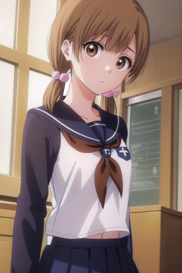 bleachyuzu, <lyco:bleachyuzu-lyco-nochekaiser:1>,yuzu, short hair, brown hair, (brown eyes:1.5),BREAK twintails, short twintails, school uniform, serafuku, neckerchief, red neckerchief, skirt, blue skirt, pleated skirt, long sleeves, white shirt, shirt, sailor collar, blue sailor collar,BREAK looking at viewer, full body,BREAK indoors, classroom,BREAK <lyco:GoodHands-beta2:1>, (masterpiece:1.2), best quality, high resolution, unity 8k wallpaper, (illustration:0.8), (beautiful detailed eyes:1.6), extremely detailed face, perfect lighting, extremely detailed CG, (perfect hands, perfect anatomy),