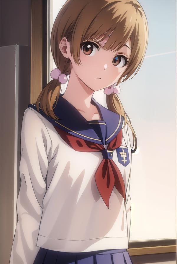 bleachyuzu, <lyco:bleachyuzu-lyco-nochekaiser:1>,yuzu, short hair, brown hair, (brown eyes:1.5),BREAK twintails, short twintails, school uniform, serafuku, neckerchief, red neckerchief, skirt, blue skirt, pleated skirt, long sleeves, white shirt, shirt, sailor collar, blue sailor collar,BREAK looking at viewer, full body,BREAK indoors, classroom,BREAK <lyco:GoodHands-beta2:1>, (masterpiece:1.2), best quality, high resolution, unity 8k wallpaper, (illustration:0.8), (beautiful detailed eyes:1.6), extremely detailed face, perfect lighting, extremely detailed CG, (perfect hands, perfect anatomy),