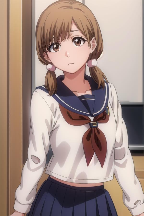 bleachyuzu, <lyco:bleachyuzu-lyco-nochekaiser:1>,yuzu, short hair, brown hair, (brown eyes:1.5),BREAK twintails, short twintails, school uniform, serafuku, neckerchief, red neckerchief, skirt, blue skirt, pleated skirt, long sleeves, white shirt, shirt, sailor collar, blue sailor collar,BREAK looking at viewer, full body,BREAK indoors, classroom,BREAK <lyco:GoodHands-beta2:1>, (masterpiece:1.2), best quality, high resolution, unity 8k wallpaper, (illustration:0.8), (beautiful detailed eyes:1.6), extremely detailed face, perfect lighting, extremely detailed CG, (perfect hands, perfect anatomy),