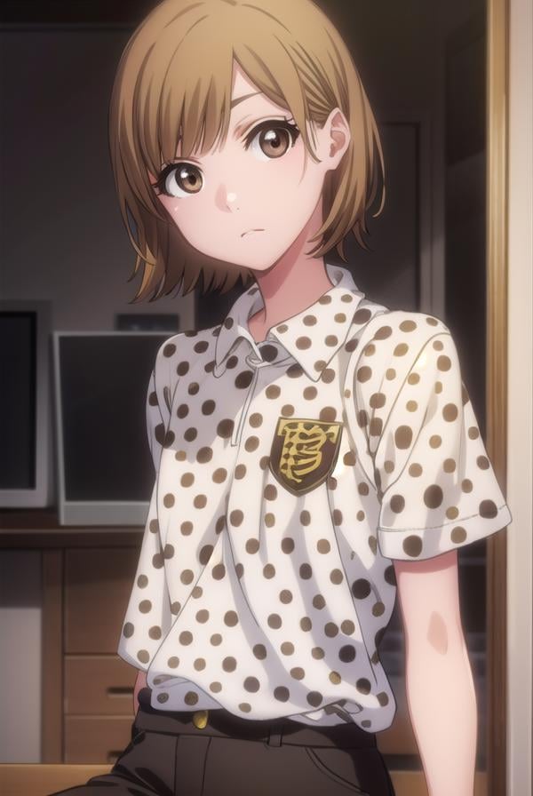 bleachyuzu, <lyco:bleachyuzu-lyco-nochekaiser:1>,yuzu, short hair, brown hair, (brown eyes:1.5),BREAK shirt, short sleeves, shorts, polka dot, white shorts,BREAK looking at viewer, full body,BREAK indoors, classroom,BREAK <lyco:GoodHands-beta2:1>, (masterpiece:1.2), best quality, high resolution, unity 8k wallpaper, (illustration:0.8), (beautiful detailed eyes:1.6), extremely detailed face, perfect lighting, extremely detailed CG, (perfect hands, perfect anatomy),