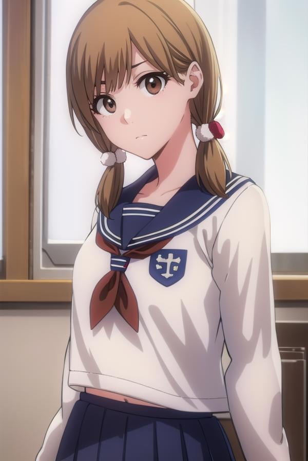 bleachyuzu, <lyco:bleachyuzu-lyco-nochekaiser:1>,yuzu, short hair, brown hair, (brown eyes:1.5),BREAK twintails, short twintails, school uniform, serafuku, neckerchief, red neckerchief, skirt, blue skirt, pleated skirt, long sleeves, white shirt, shirt, sailor collar, blue sailor collar,BREAK looking at viewer, full body,BREAK indoors, classroom,BREAK <lyco:GoodHands-beta2:1>, (masterpiece:1.2), best quality, high resolution, unity 8k wallpaper, (illustration:0.8), (beautiful detailed eyes:1.6), extremely detailed face, perfect lighting, extremely detailed CG, (perfect hands, perfect anatomy),