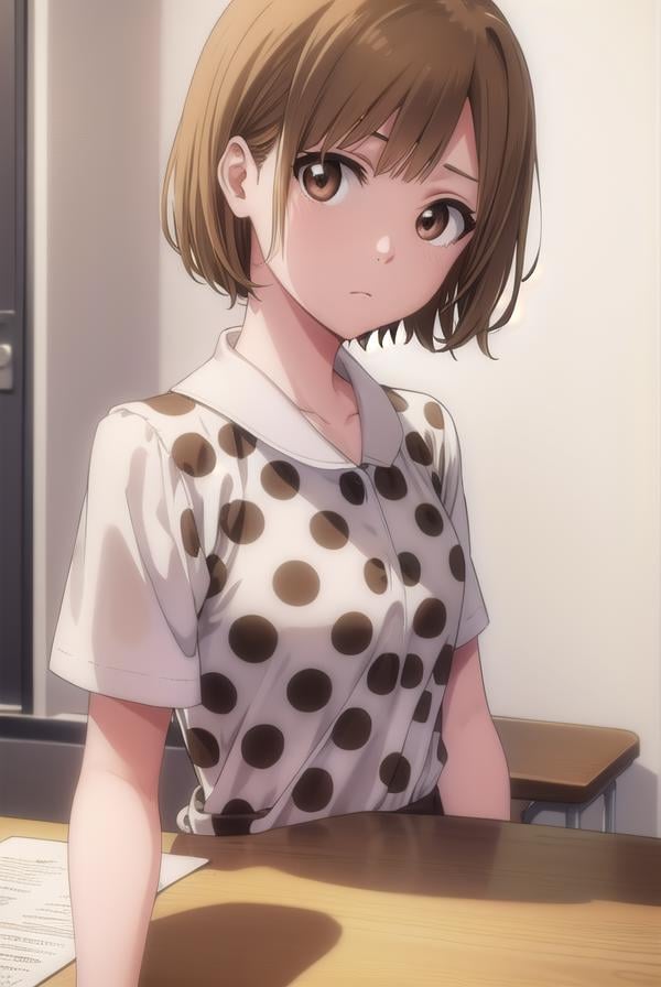 bleachyuzu, <lyco:bleachyuzu-lyco-nochekaiser:1>,yuzu, short hair, brown hair, (brown eyes:1.5),BREAK shirt, short sleeves, shorts, polka dot, white shorts,BREAK looking at viewer, full body,BREAK indoors, classroom,BREAK <lyco:GoodHands-beta2:1>, (masterpiece:1.2), best quality, high resolution, unity 8k wallpaper, (illustration:0.8), (beautiful detailed eyes:1.6), extremely detailed face, perfect lighting, extremely detailed CG, (perfect hands, perfect anatomy),