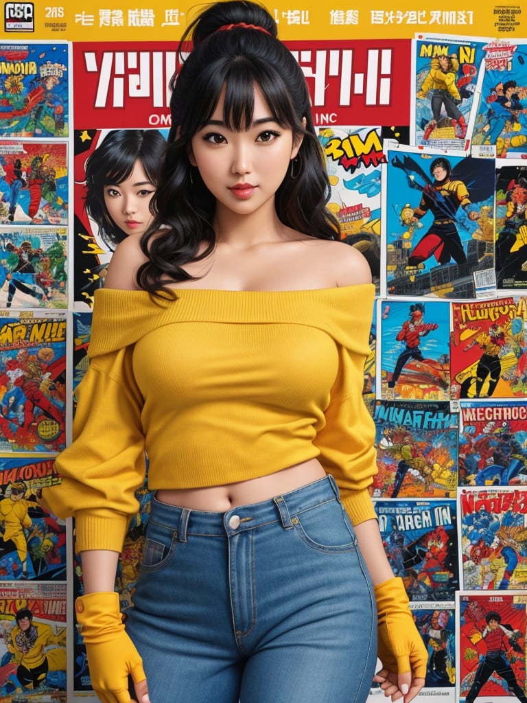 Comic-book,1girl, miko_kubota, yellow shirt, off shoulder, navel, pants, sweater around waist, fingerless gloves,