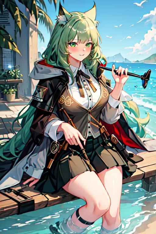 best quality
, masterpiece
, highres
, (harmonie_arknights:1.15)
, 1girl
,originaloutfit, skirt, kneehigh, shirt, jacket, cape,
wand, holding wand
, long_hair, bangs, GREEN_hair,  cat_tail,green_eyes
, blush,bug_breasts,

