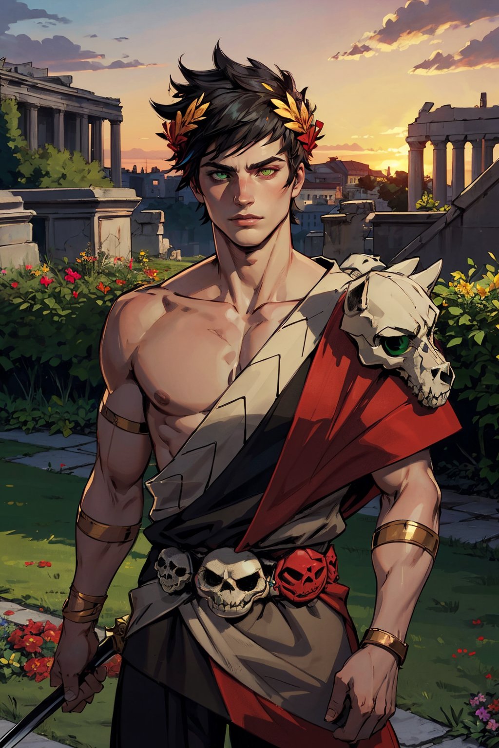 1boy, zagreus, laurel crown, heterochromia, red eye, green eye, skull,  belt, greek clothes, single bare shoulder, sword over shoulder, muscular, garden, flowers, sunset, roman 
city,  cowbow shot. 