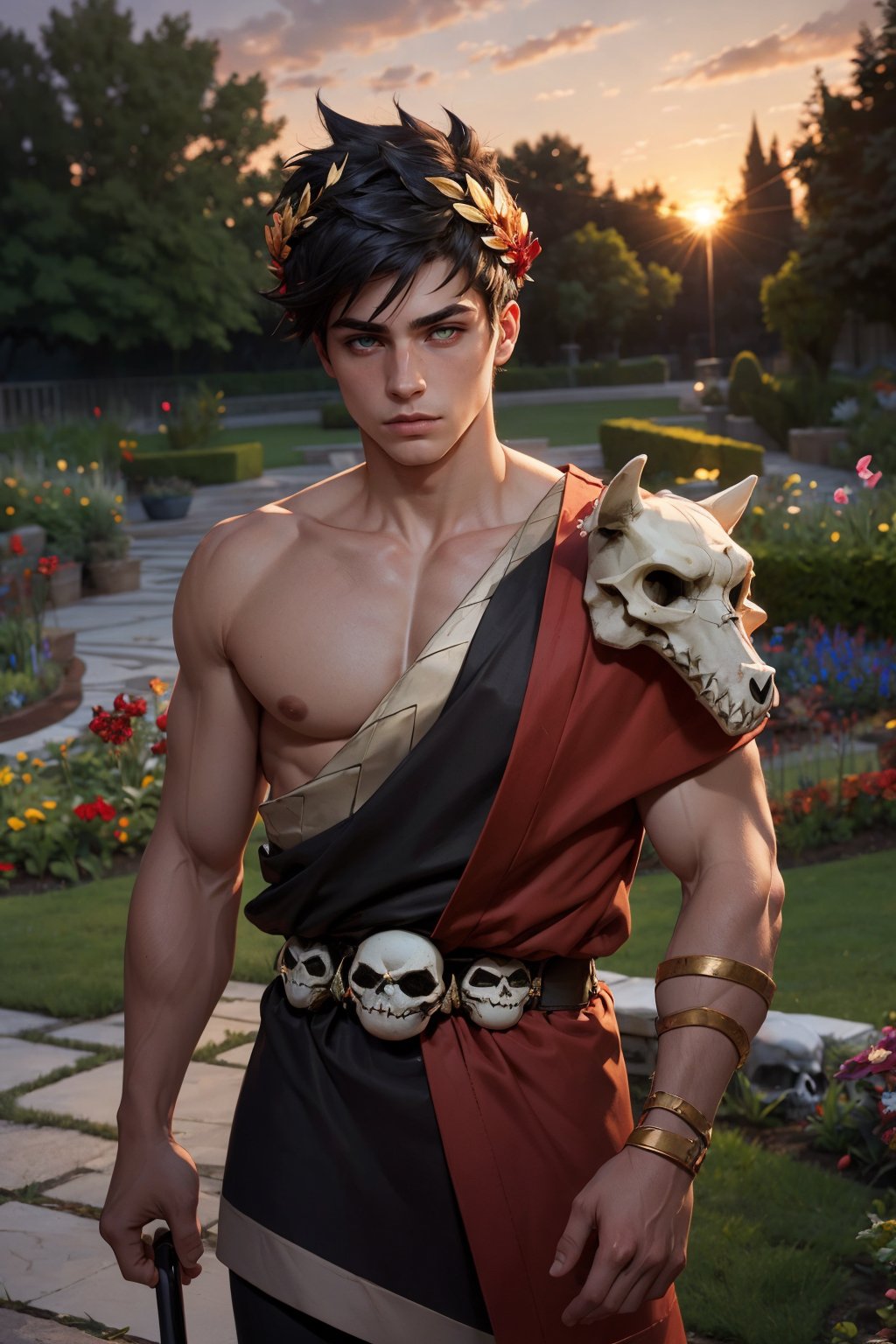 1boy, zagreus, laurel crown, heterochromia, red eye,  skull, belt, greek clothes, single bare shoulder, sword over shoulder, muscular, garden, flowers, sunset, cowbow shot. 