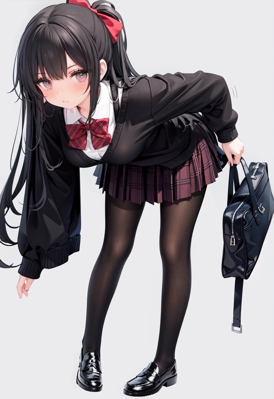  1girl, solo, pantyhose, skirt, long hair, loafers, shoes, simple background, school uniform, brown eyes, plaid, black pantyhose, plaid skirt, looking at viewer, black hair, pantyhose pull, full body, clothes pull, black footwear, pleated skirt, leaning forward, bangs, long sleeves, bent over, cardigan, bow, bowtie, standing, closed mouth, pulled by self, grey background, blush, miniskirt, red bow, sweater, undressing