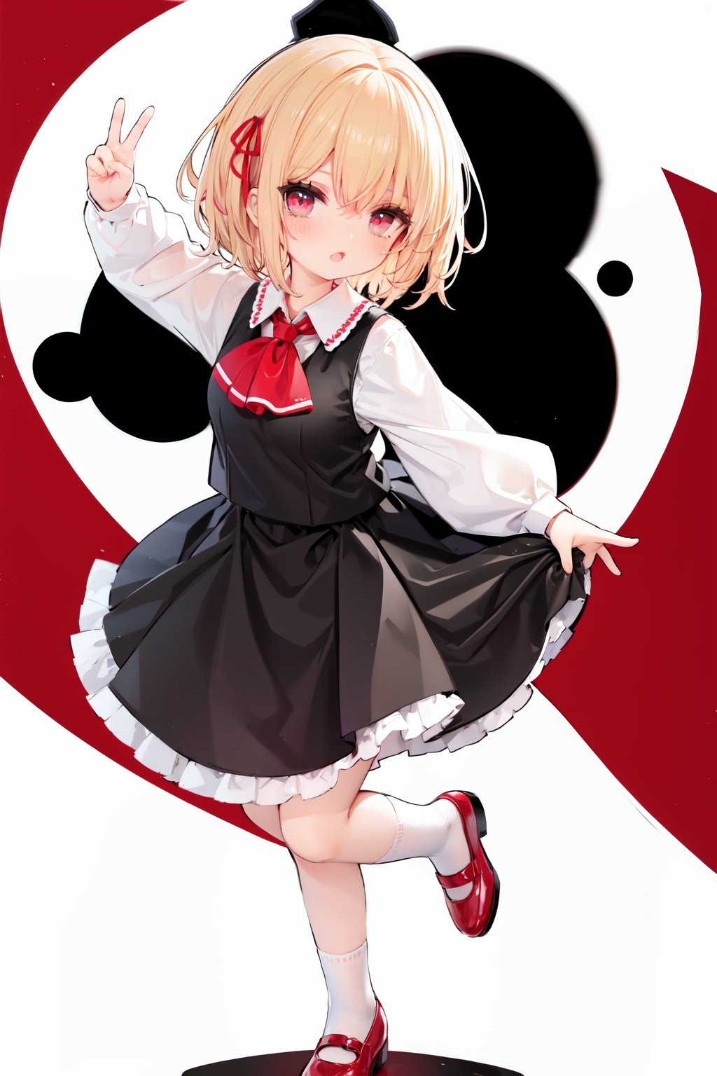  1girl, rumia, blonde hair, solo, white background, red eyes, red footwear, simple background, ascot, short hair, ribbon, open mouth, hair ribbon, smile, long sleeves, shirt, looking at viewer, red ascot, white socks, white shirt, red ribbon, shoes, socks, frills, bangs, outstretched arms, hair between eyes, skirt, :d, dress, vest, mary janes, black dress, black skirt, collared shirt, black vest, blush