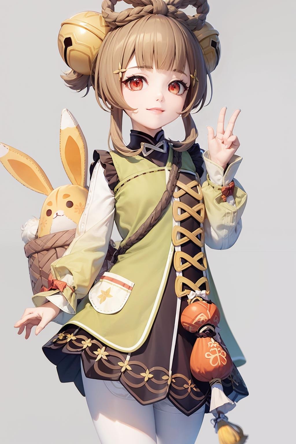 masterpiece, best quality,    <lora:yaoyao:1>,yaoyao \(genshin impact\), 1girl,hair ornament,hair bell,brown hair, short hair,braid,red eyes,long sleeves, chinese clothes, dress,white pantyhose,grey background, simple background, bag,stuffed animal, smile